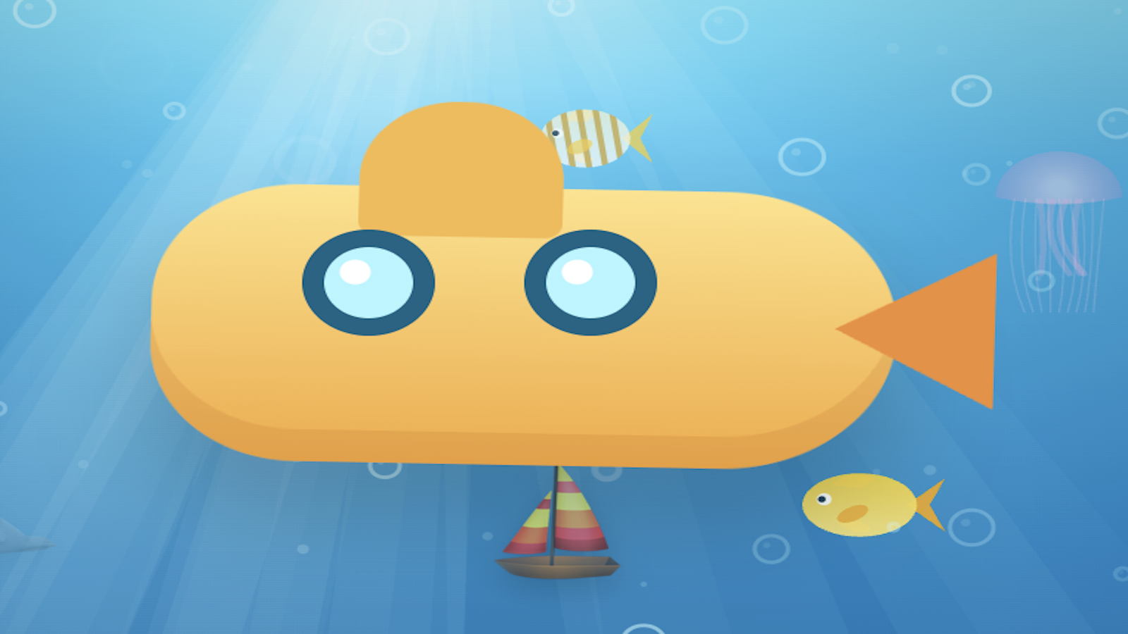 Cartoon underwater scene with a fish-shaped submarine, two small fish, a jellyfish, a small striped fish, and a toy sailboat.