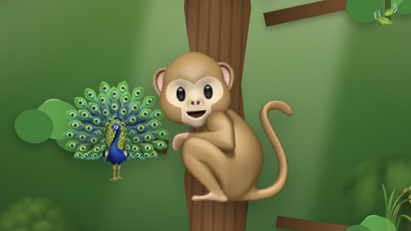 Cartoon monkey climbing a tree with a peacock nearby in a jungle setting.