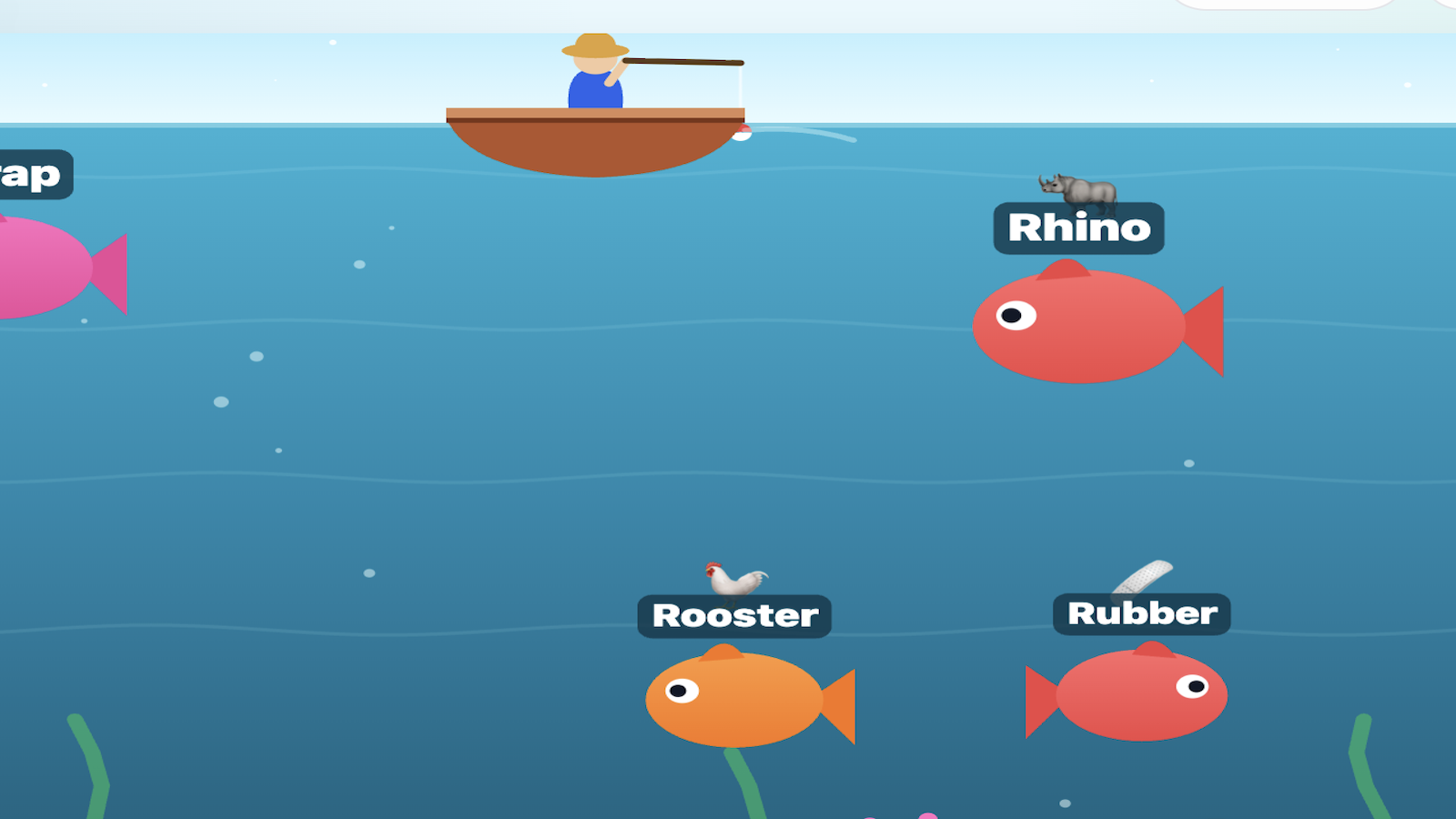 A cartoon scene of fish swimming in a blue ocean, with a small boat on the surface. The fish are labeled as 'Rhino', 'Rooster', and 'Rubber'. The 'Rhino' fish is red with a rhino on top, the 'Rooster' fish is orange with a rooster on top, and the 'Rubber' fish is pink.