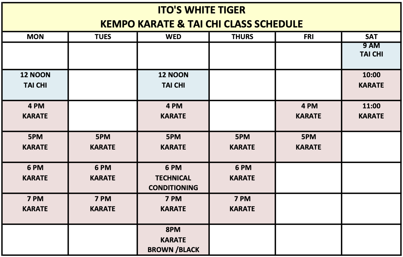Schedule for ITO's White Tiger Kempo Karate and Tai Chi classes, detailing classes from Monday to Saturday with times, styles, and color codes for different sessions.