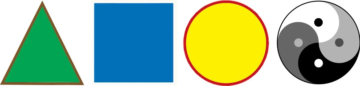 Arrangement of four symbols: a green triangle with a brown outline, a solid blue square, a yellow circle with a red outline, and a black and white yin-yang symbol.