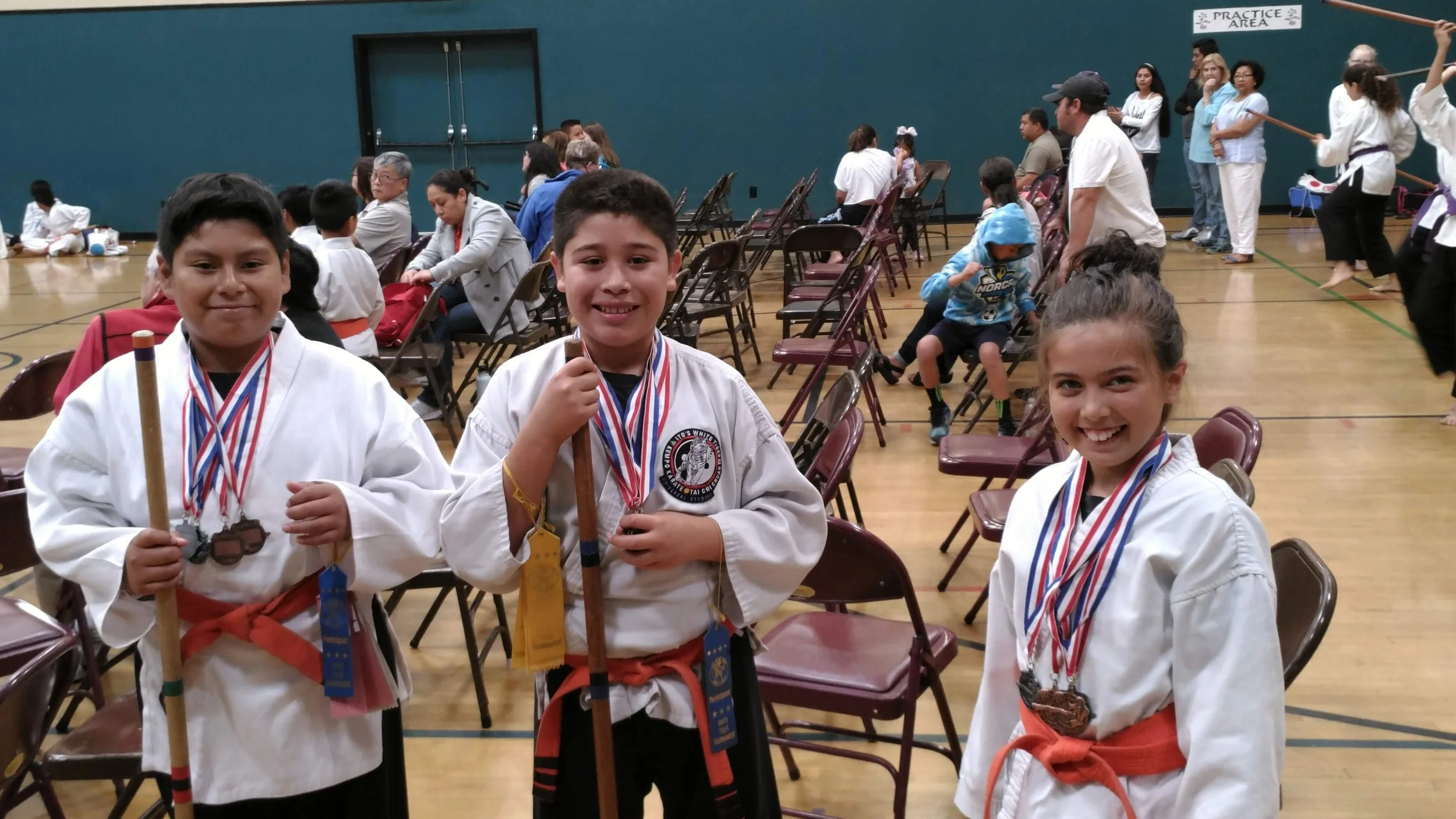 Three children in martial arts uniforms with medals and belts, posing with martial arts weapons in a gymnasium, celebrating their achievements.