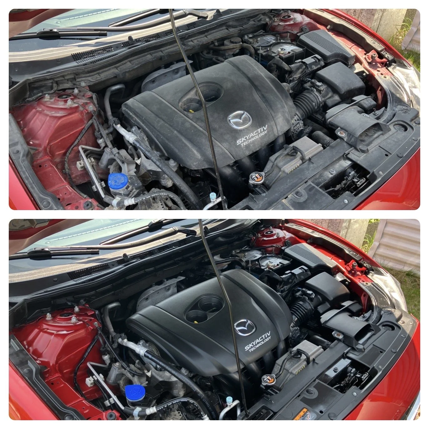 My personal favorite picture. Engine bay is degreased, pressure washed, and plastics are dressed.