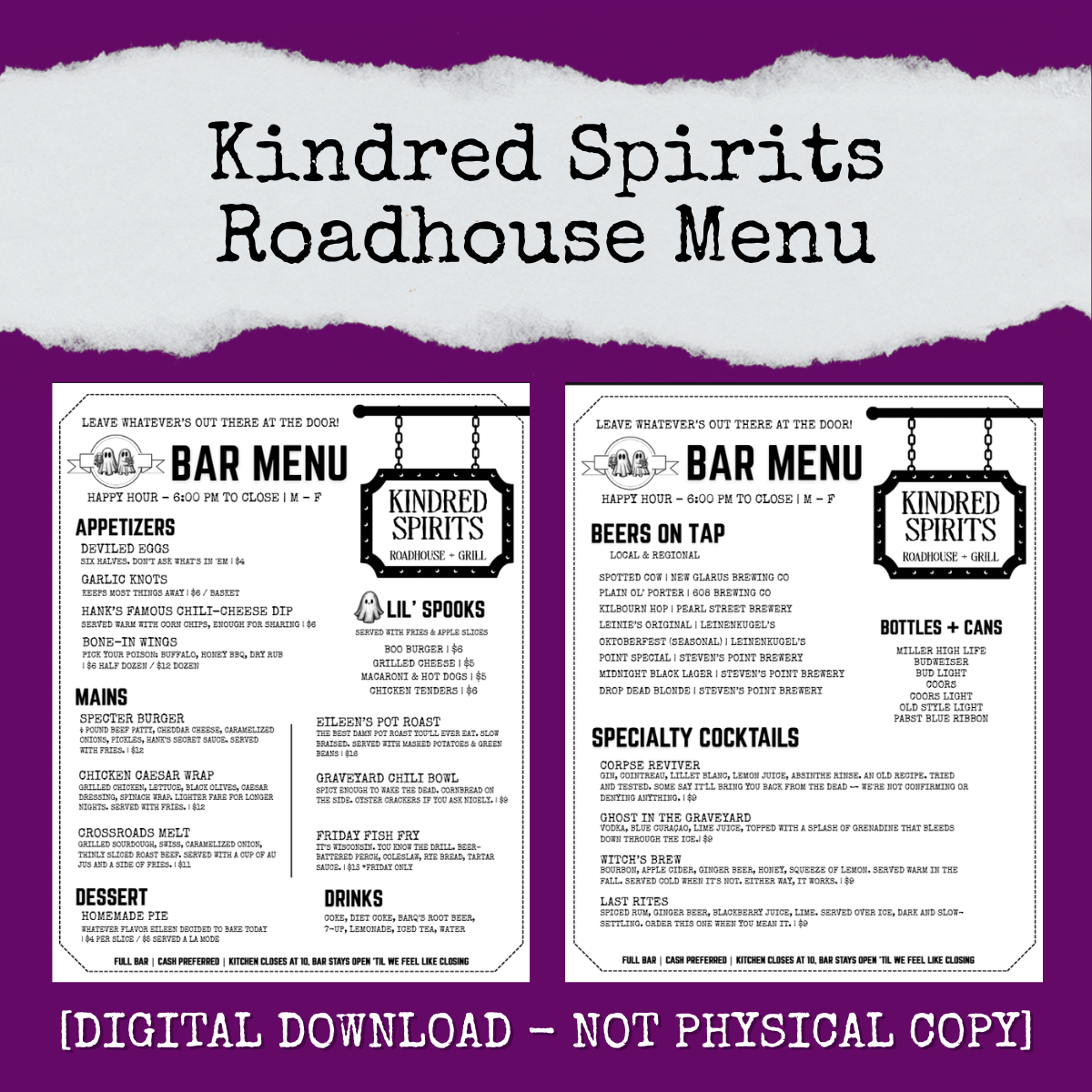 Kindred Spirits Roadhouse Menu [Digital Download]