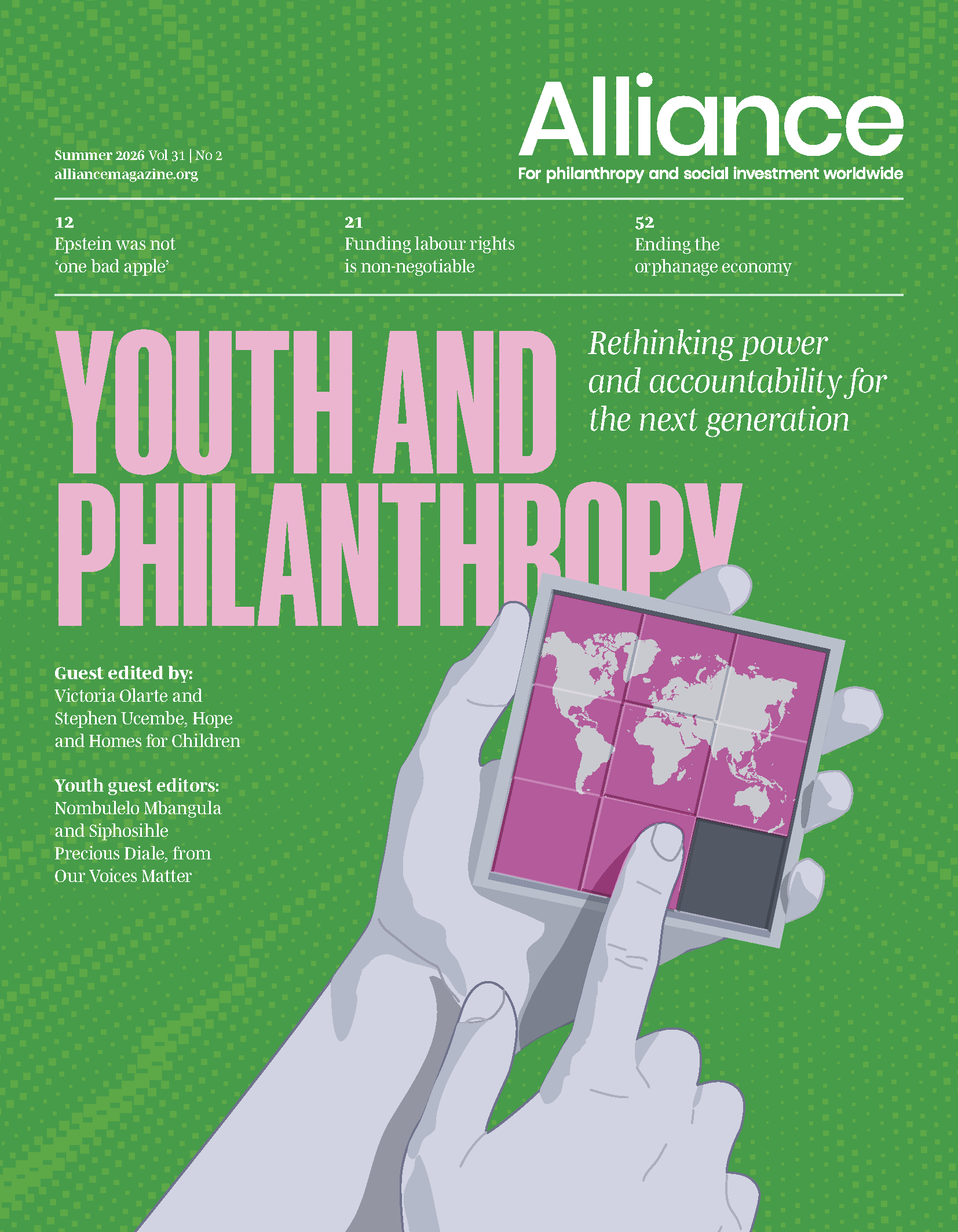 The cover of Alliance magazine's Summer 2026 issue, Youth and Philanthropy.