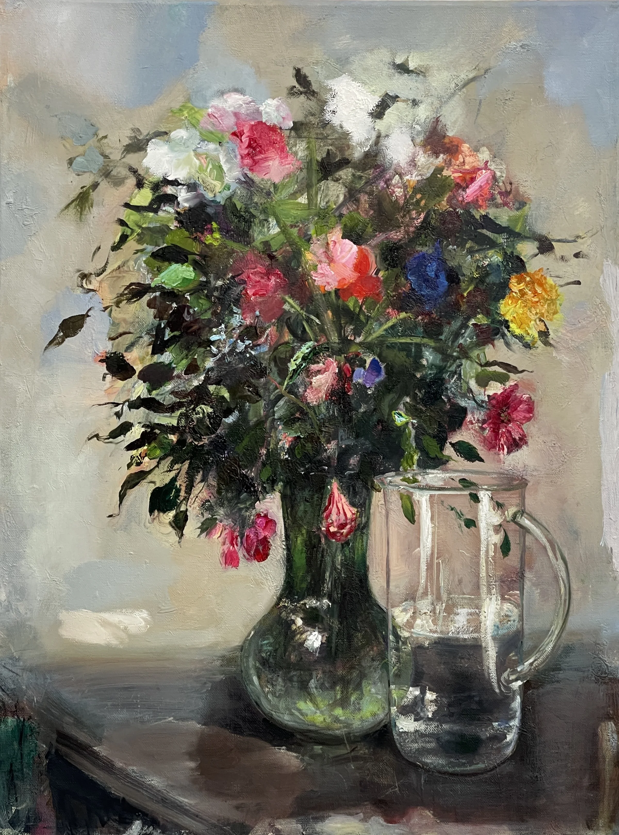 Strauß und Glaskrug, 90x70 cm, Öl auf Leinwand, 2025 (sold)