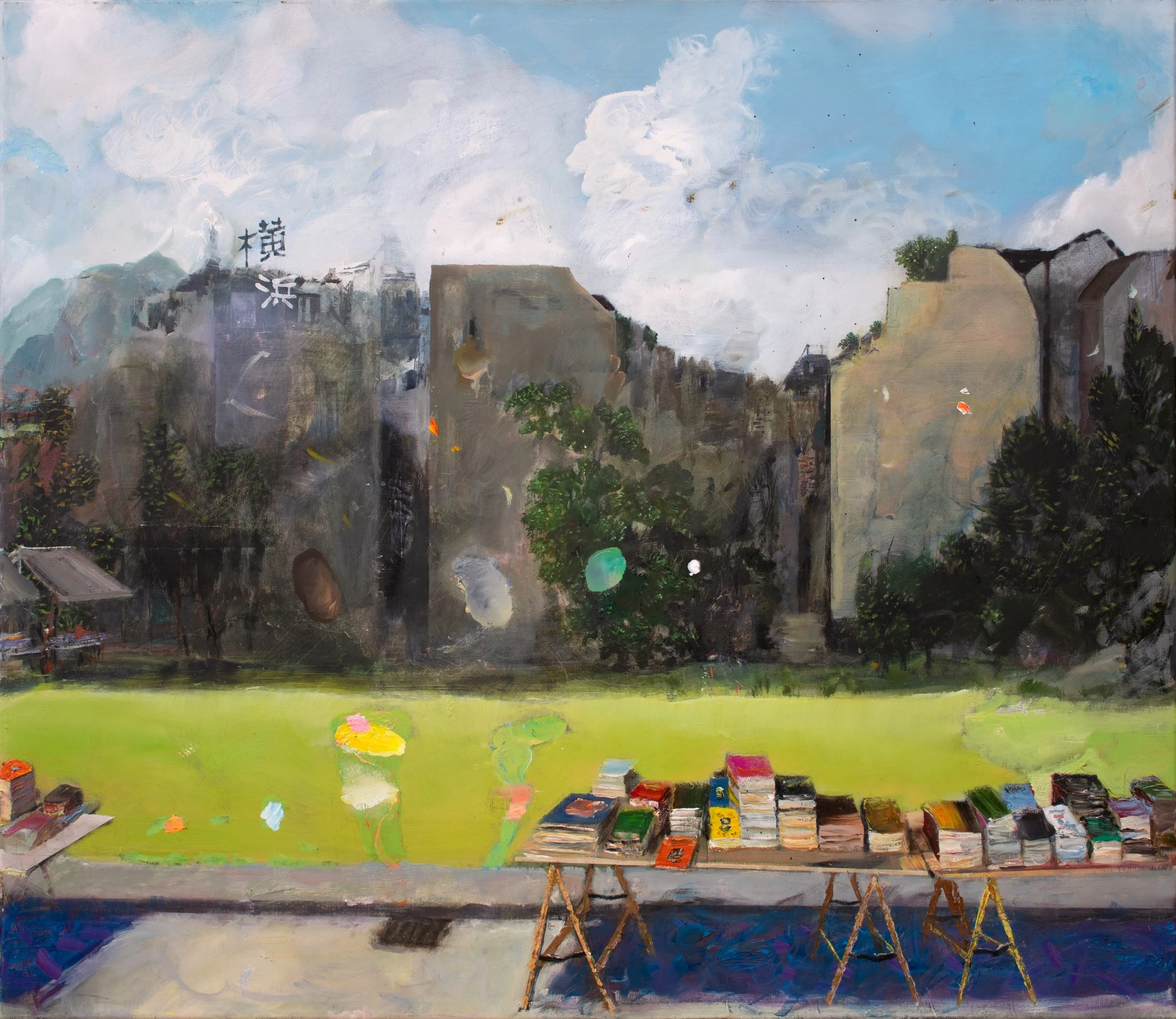 Bei den Büchertischen, 95x110 cm, Öl auf Leinwand, 2026 €9.300
