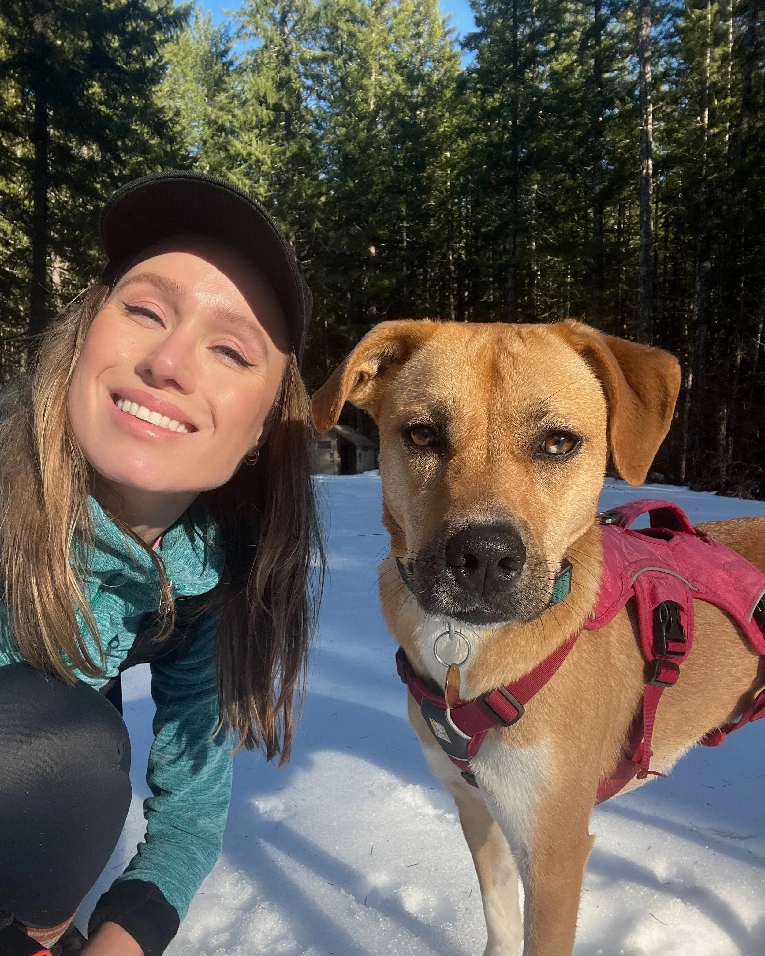 A woman smiling and taking a selfie with a large tan and white dog in a snowy forest.