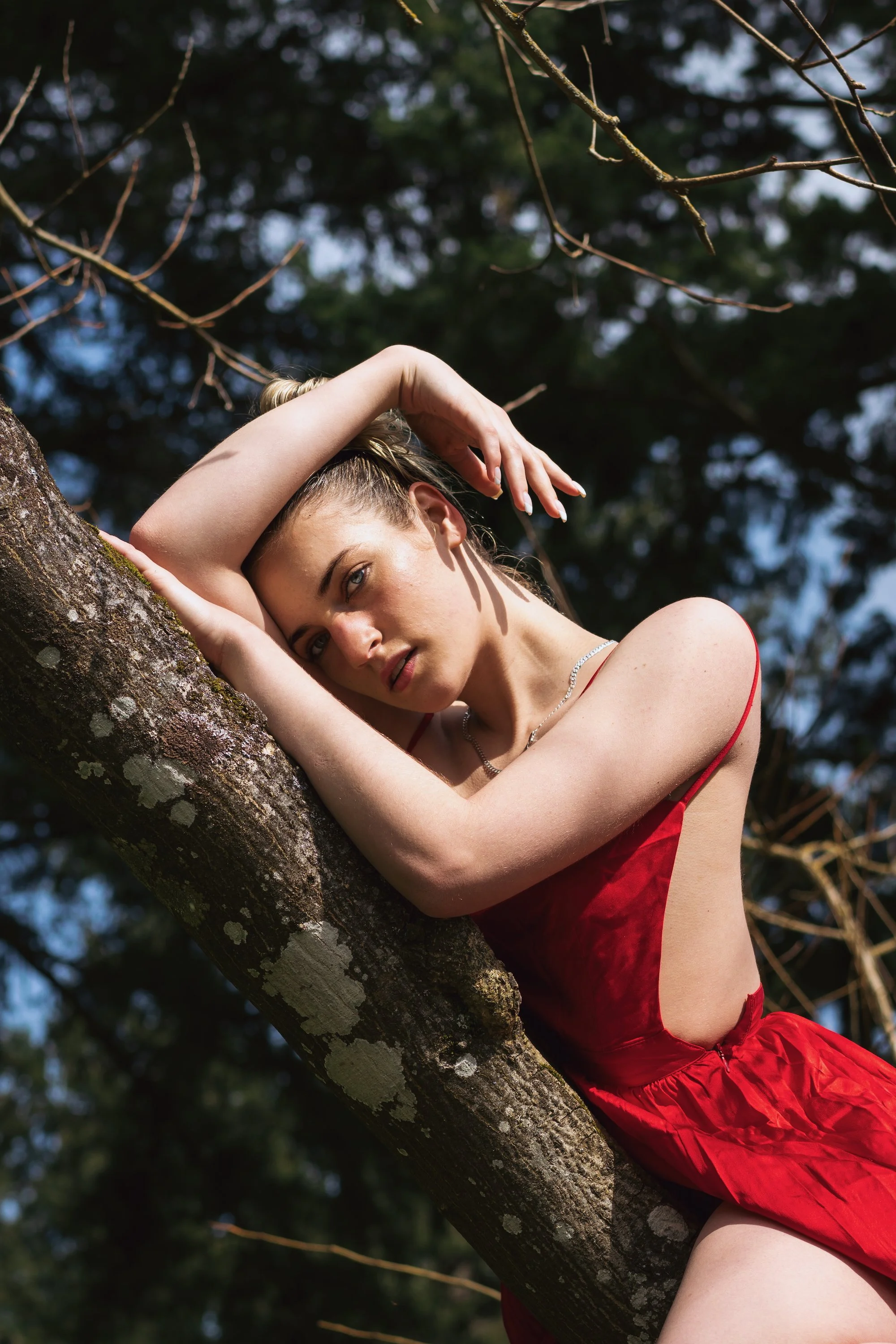 Woman in red dress leaning against a tree looking directly at camera, outdoor portrait photography by Missoula Montana photographer