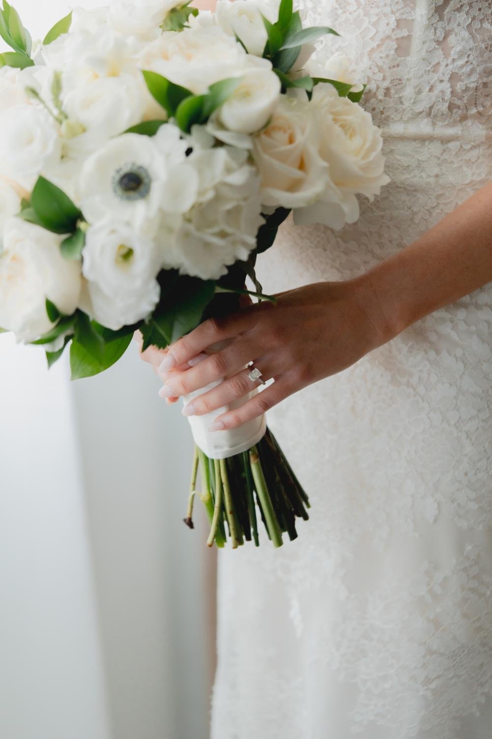 Close-up of a bride holding a bouquet of white flowers, wearing a lace wedding dress and a ring on her finger.