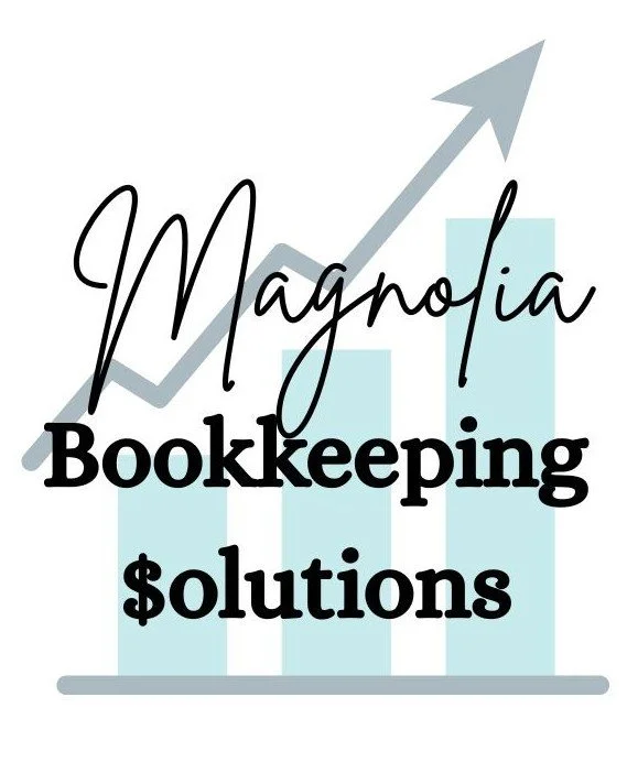 A graphic with bar chart bars, an upward arrow, and the words 'Magnolia Bookkeeping solutions' in black and script fonts.