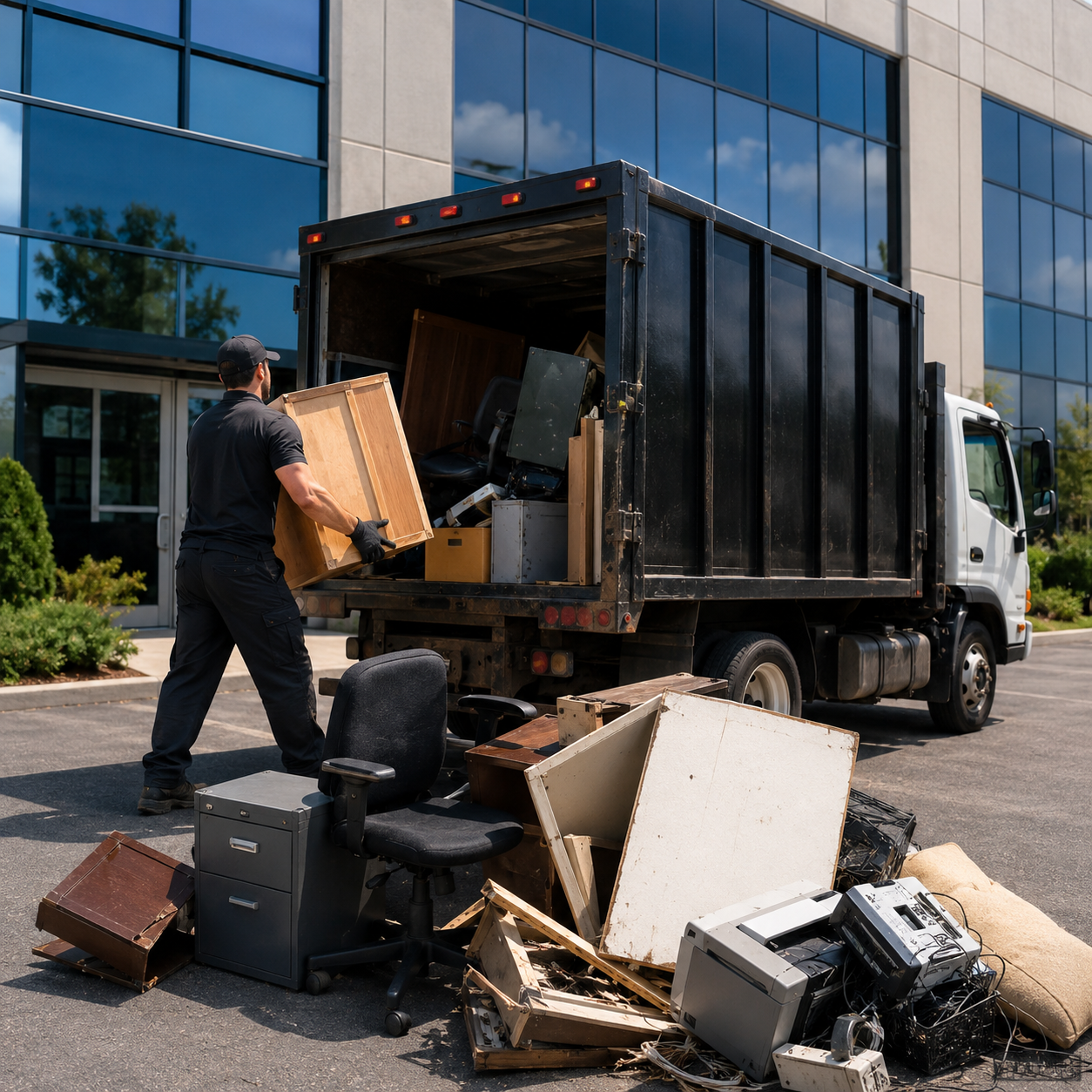 A worker loading discarded office furniture and electronic waste into a black trash truck outside a modern office building.