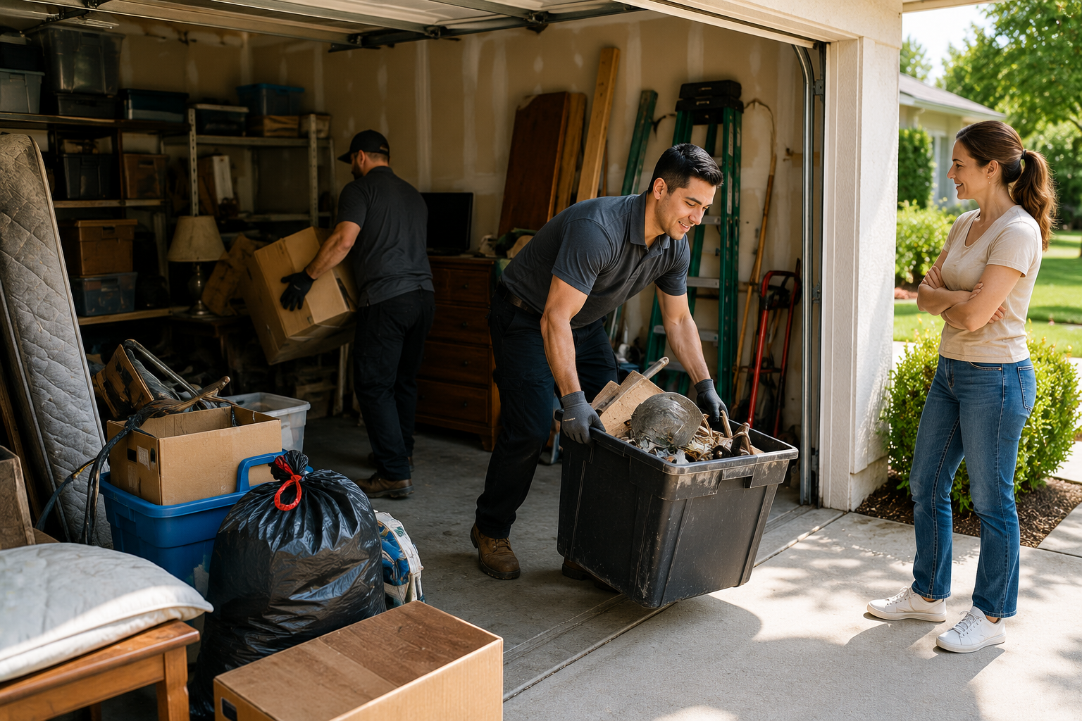Three people are moving items out of a garage. Two men are lifting or carrying boxes, and a woman stands outside with her arms crossed, watching and smiling.