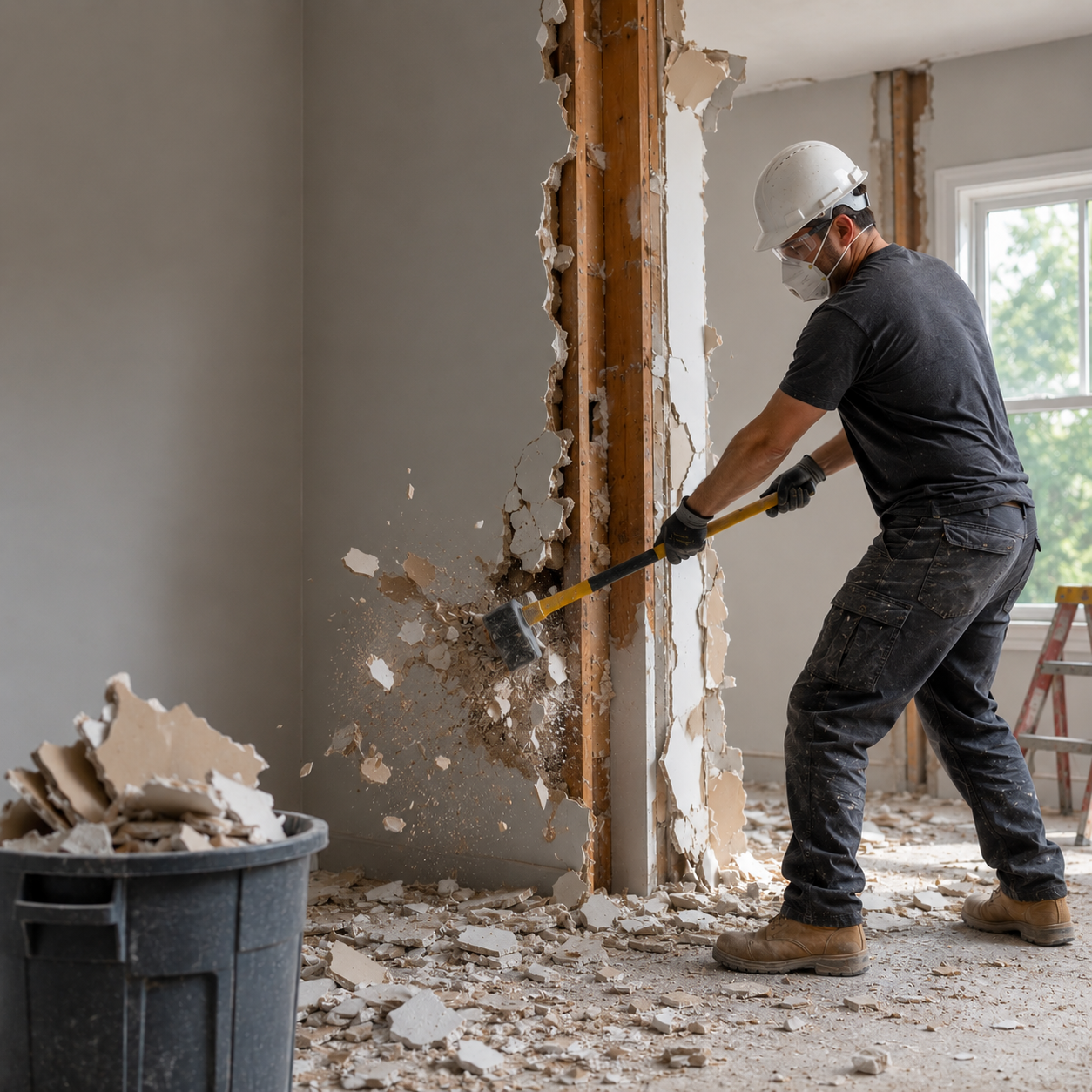 A construction worker wearing a white hard hat, face mask, gloves, and work boots is using a sledgehammer to demolish a wall in a room with a window and ladder in the background.