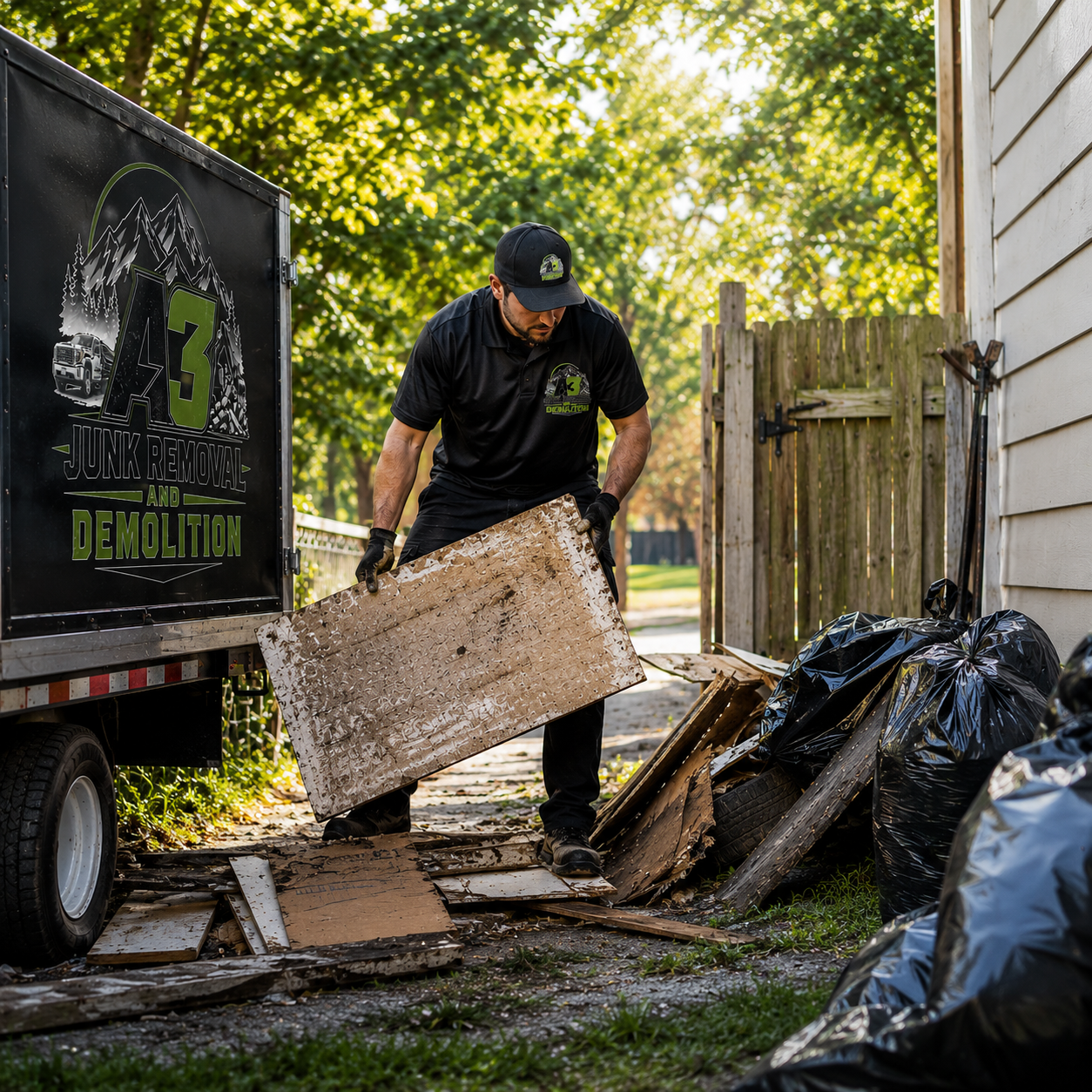 A man wearing a black uniform and cap with a logo is removing debris and cardboard from a yard, filling black trash bags. The truck next to him has a sign that reads 'Junk Removal and Demolition'. The scene is outdoors with trees and a wooden fence in the background.
