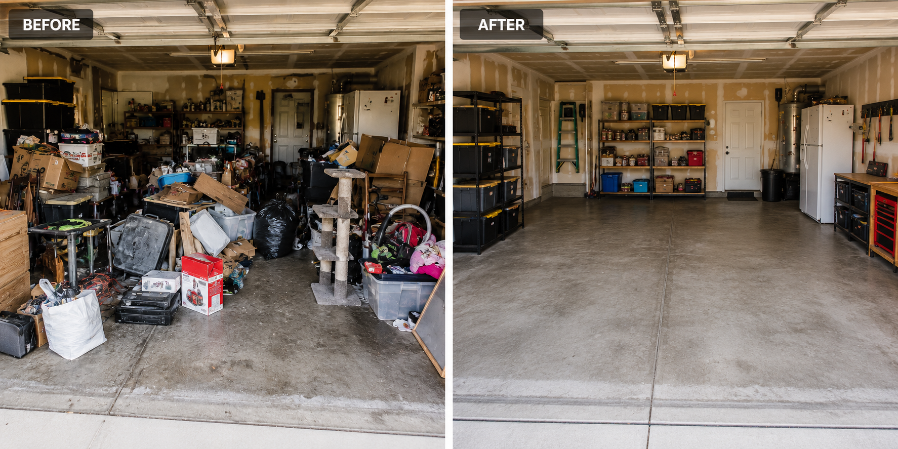 Comparison of a cluttered garage before cleaning and a clean, organized garage after cleaning.