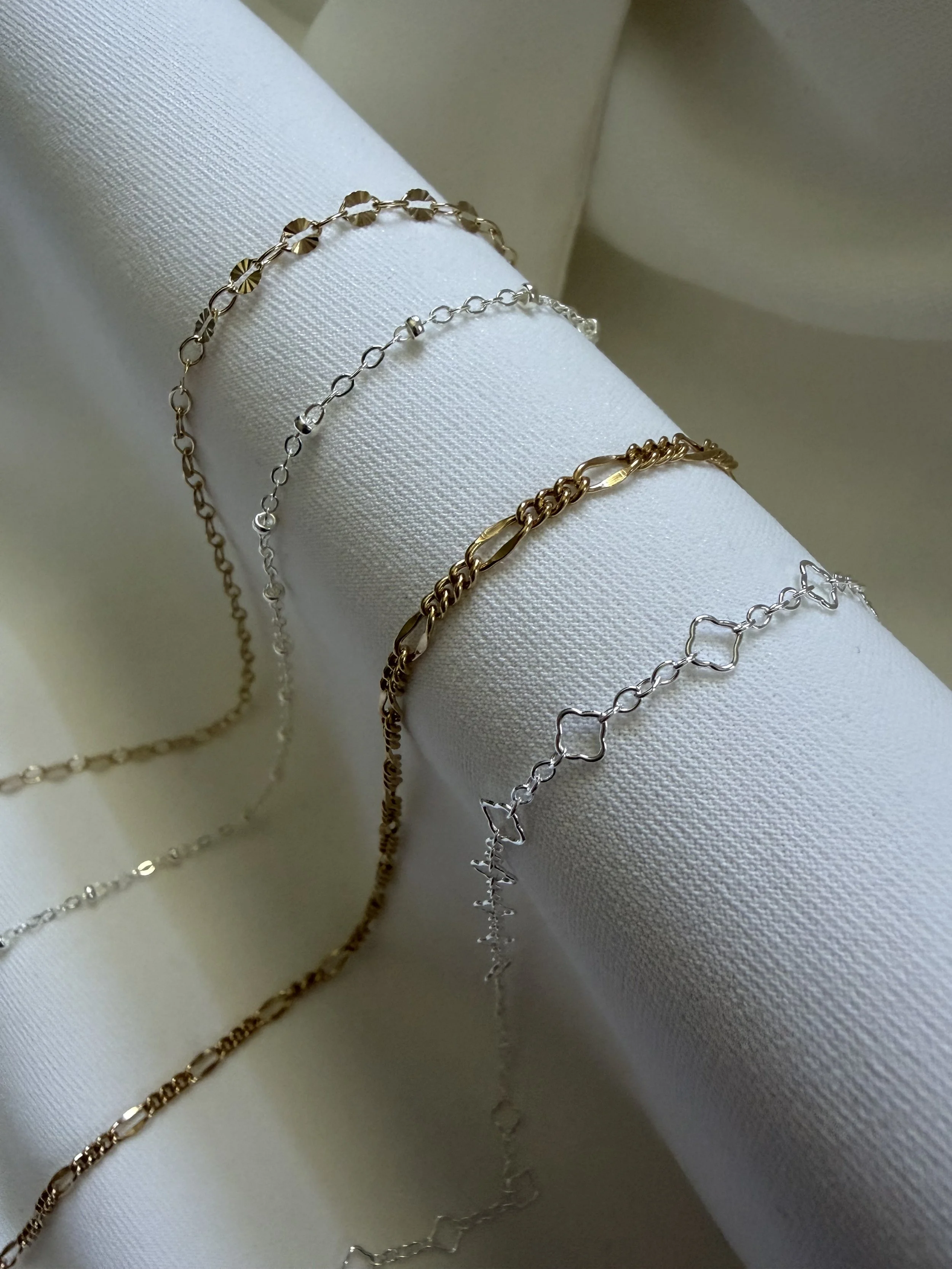 sterling silver, gold filled chain options, in a variety of styles.  Dainty, delicate, bracelet and anklet chains.