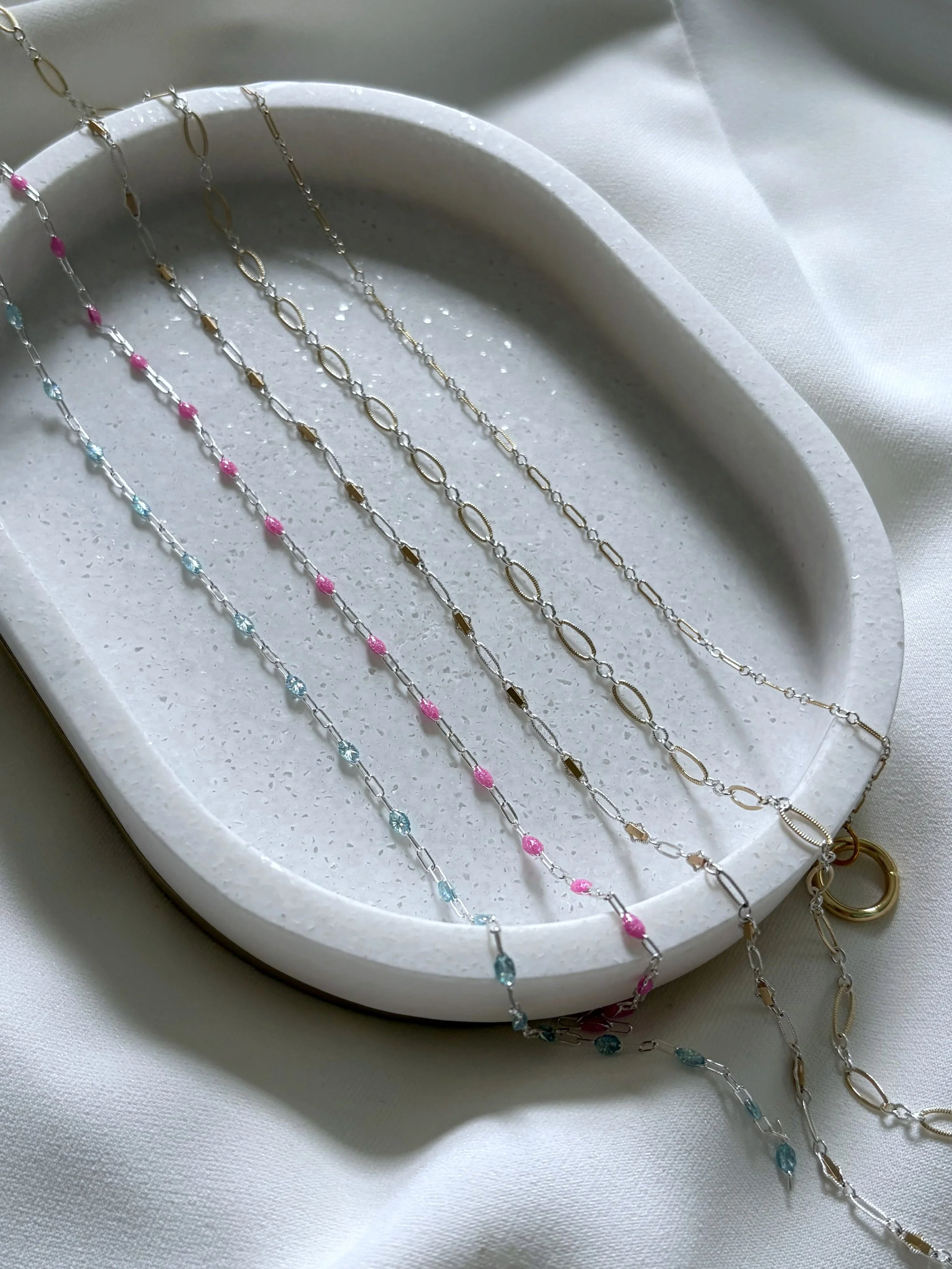mixed metal and enamel bead chains in a variety of styles.  Dainty, delicate, bracelet, necklace and anklet chains.  Custom fit- chains