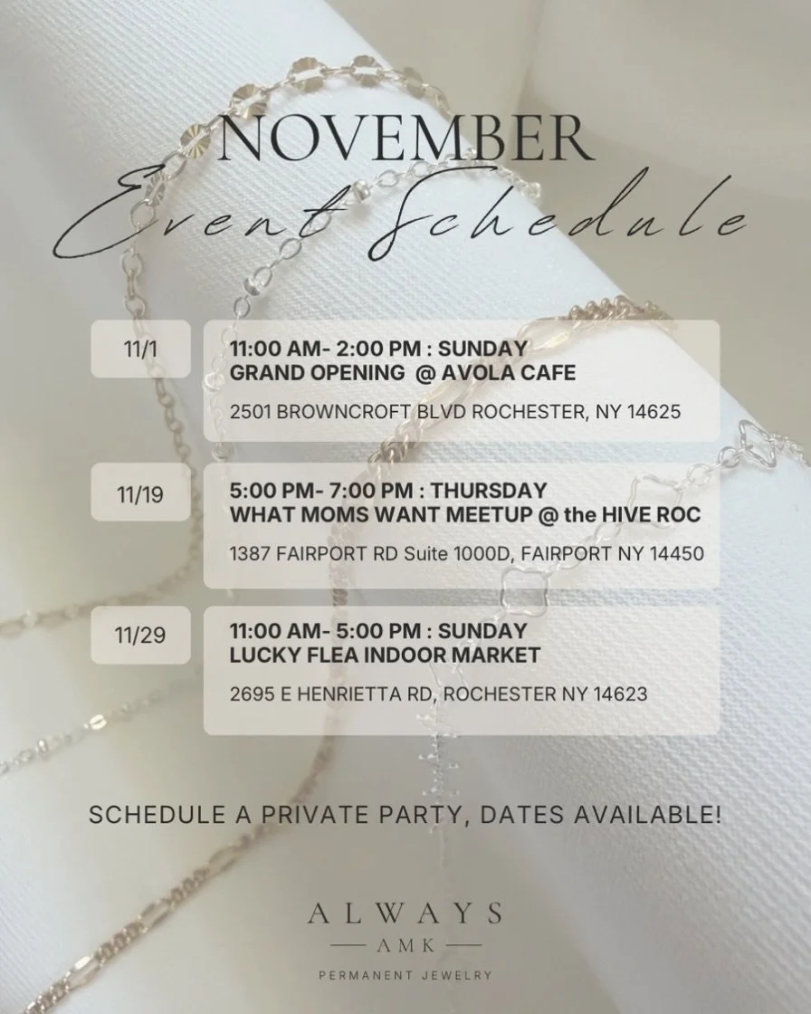 NOVEMBER EVENT CALENDAR ✨

Where you can find me during the coming month (so far).
Contact me to host our next pop-up event!

Lots of fun collaborations and vendor markets this month.  Grab your bestie and let&rsquo;s link up!  You deserve to treat y