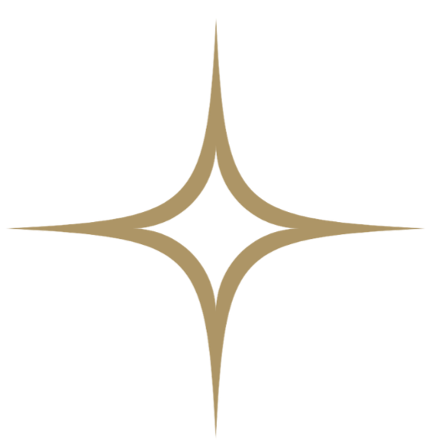 A stylized star-shaped logo with four elongated points in beige on a black background.