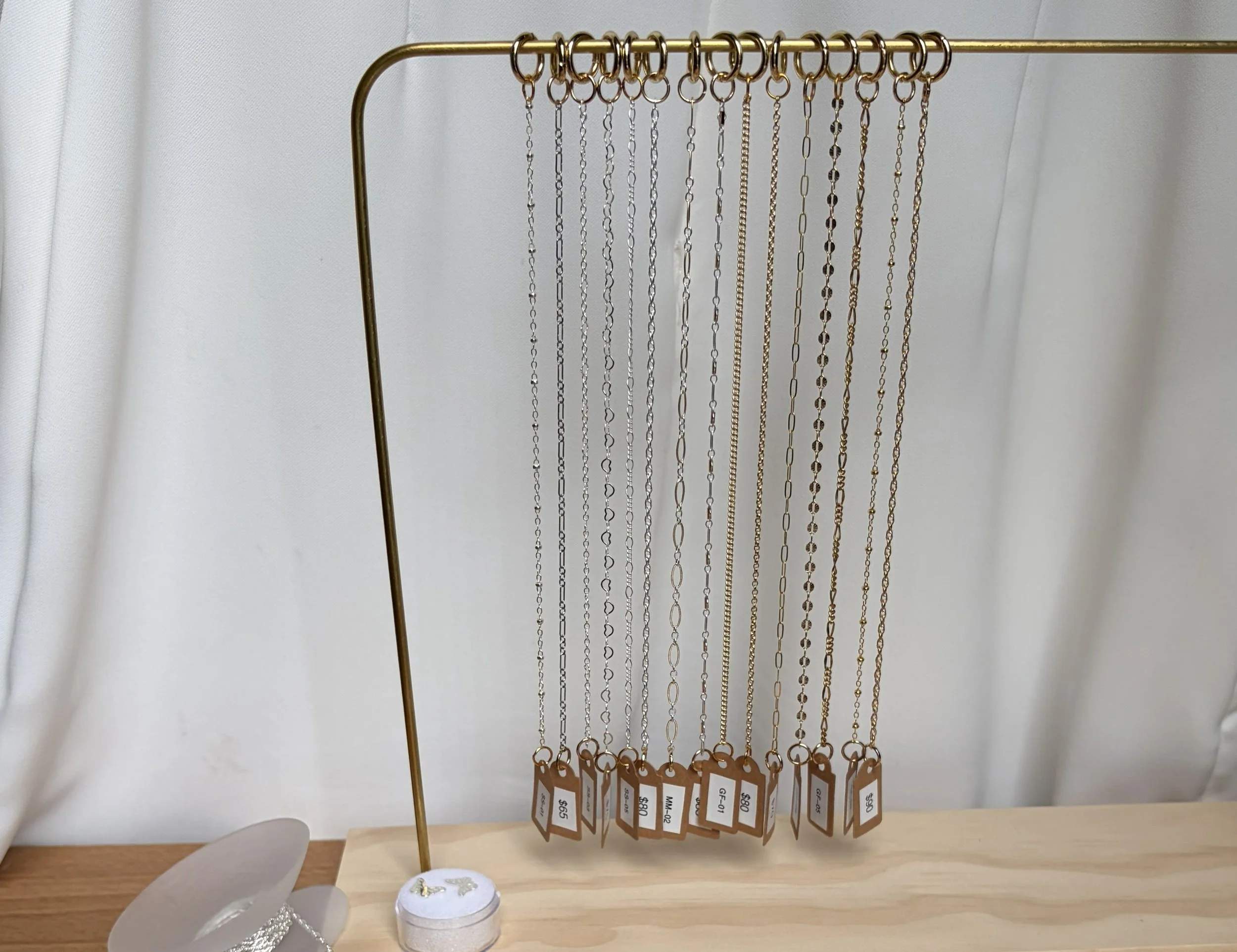 sterling silver, gold filled chain options, in a variety of styles.  Dainty, delicate, bracelet and anklet chains.  Custom fit- chains