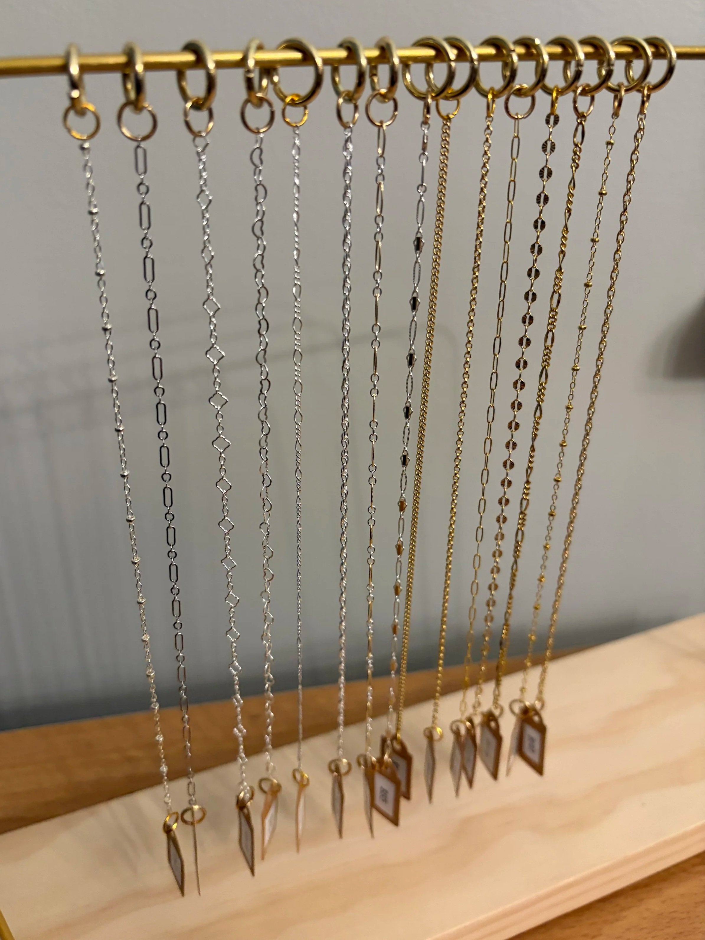 sterling silver and gold chains in a variety of styles.  Dainty, delicate, bracelet, necklace and anklet chains.  Custom fit- chains