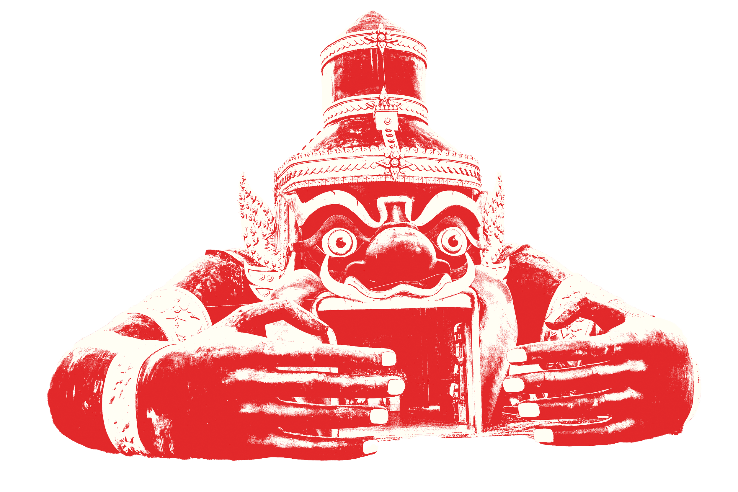 A stylized, high-contrast image of a traditional Asian guardian lion statue, colored in red and white, with detailed facial features, wearing a crown, against a split black and white background.