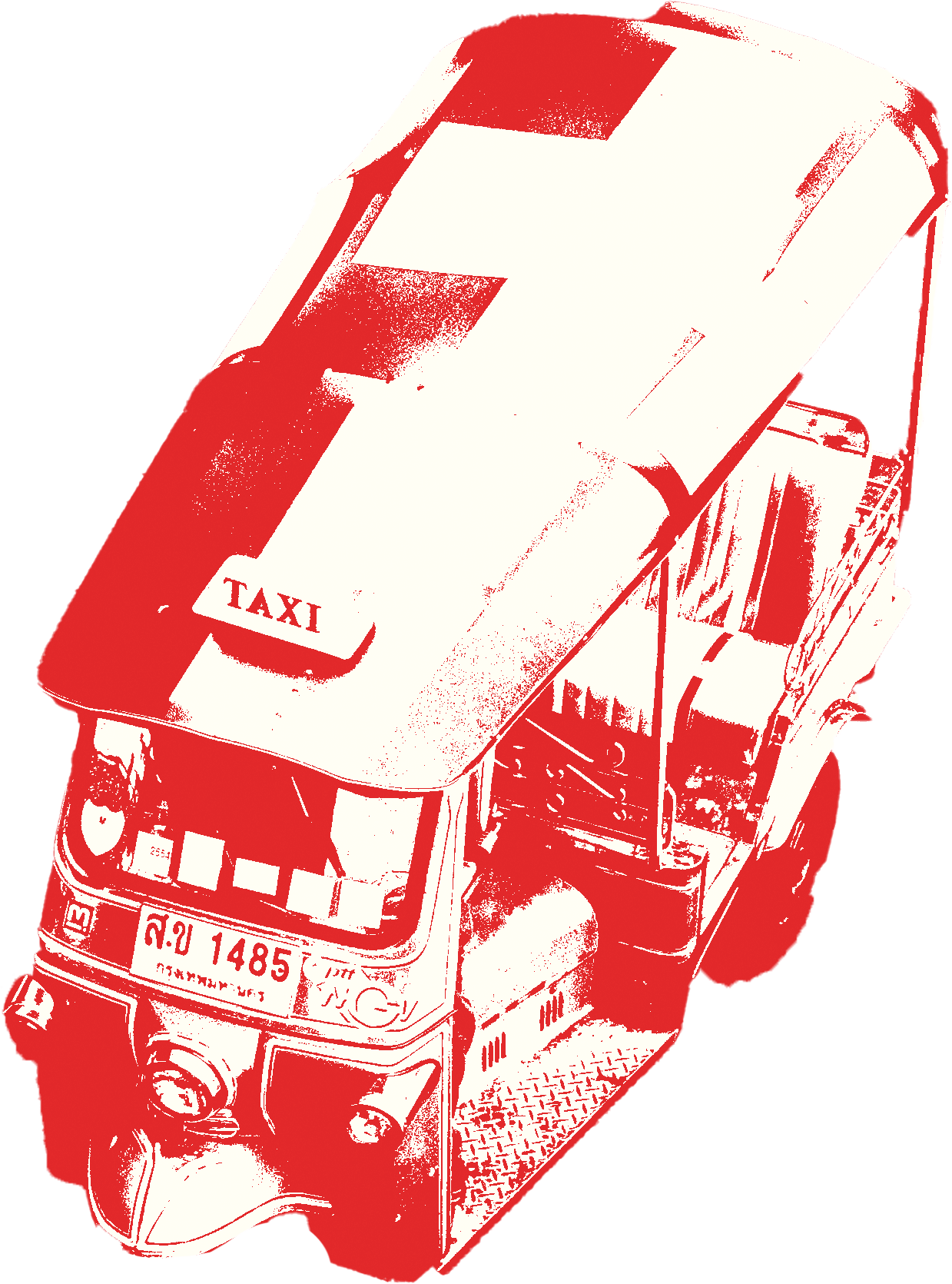 Red and white stylized drawing of a taxi with license plates and a taxi sign on top.