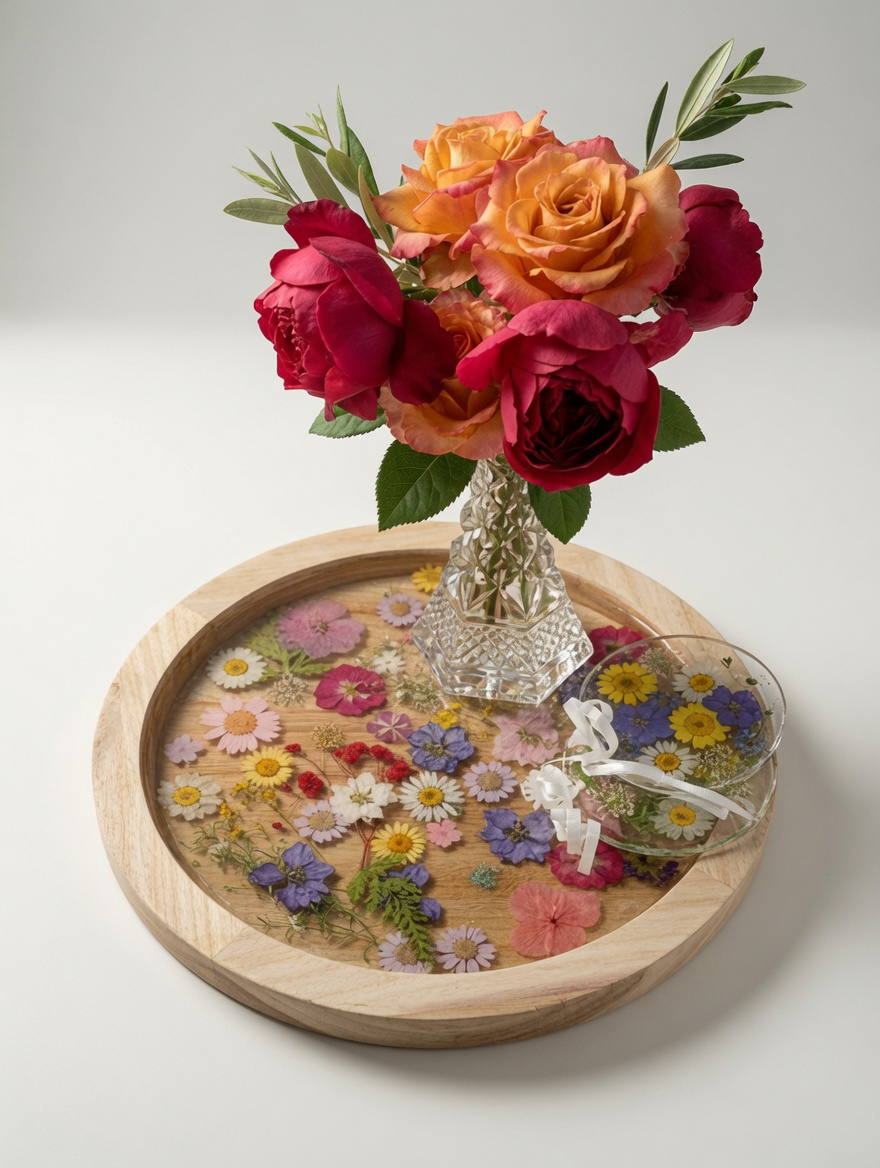 Sunset Rose Bouquet atop Pressed Wildflower Serving Tray with Coasters