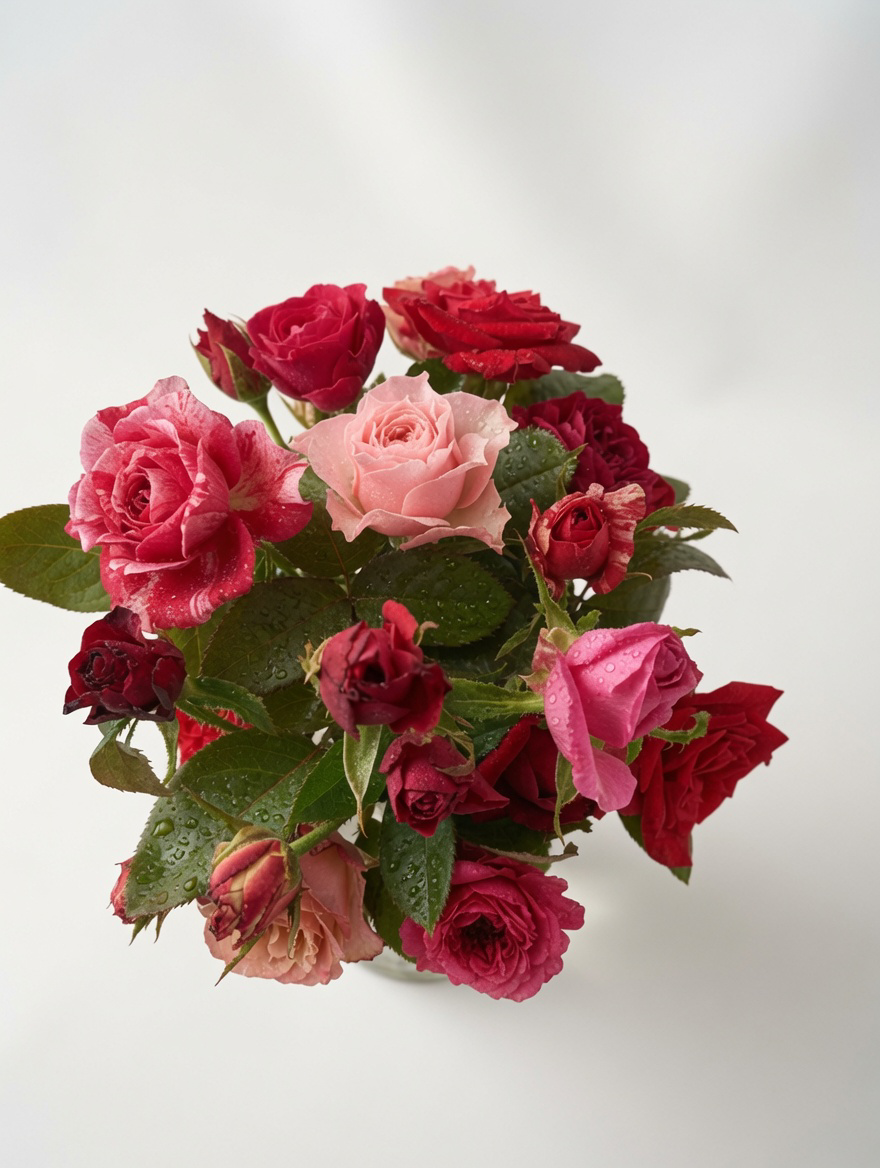 Vibrant bouquet of deep red and bright pink garden roses with fresh water droplets on a clean white background