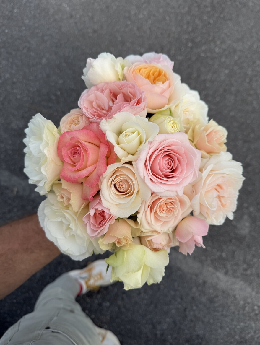 Large Mixed Pink, Peach & White Rose Bouquet Held Outdoors | Fresh Cut Flowers