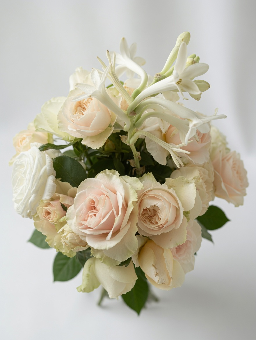 Medium Mixed Whate and Peach Rose Bouquet with Mexican Tuberose Blooms | Fresh Cut Flowers