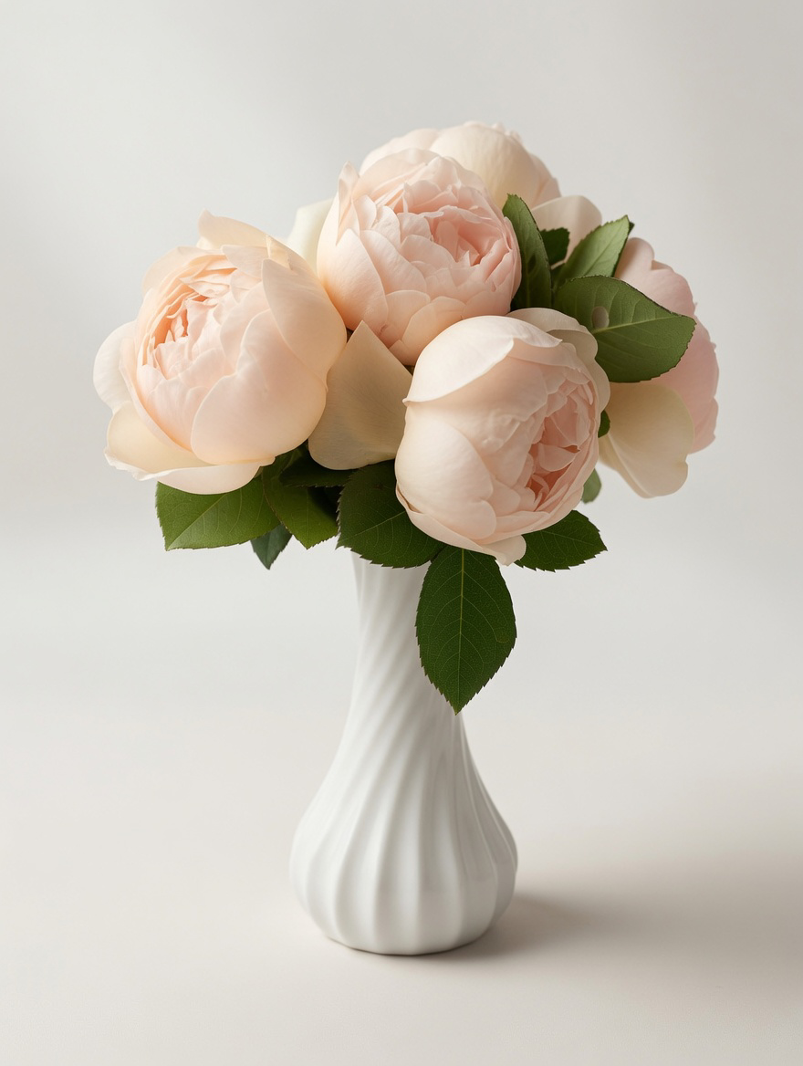 soft peach and cream peony boquet arranged in a white fluted vase, showcasing elegant garden-style blooms on a clean background