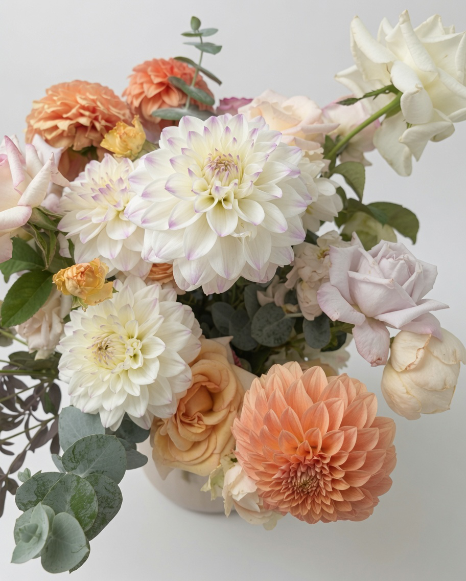 Large Mixed Dahlia and Garden Rose Bouquet | White, Peach & Orange Blooms