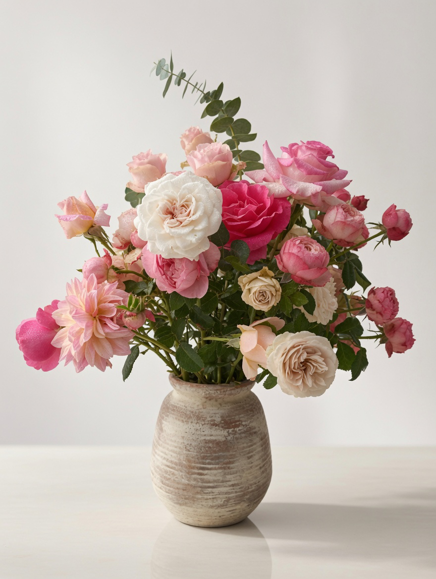Beautiful bouquet of pink, blush, and white garden roses arranged in a rustic ceramic vase against a clean background