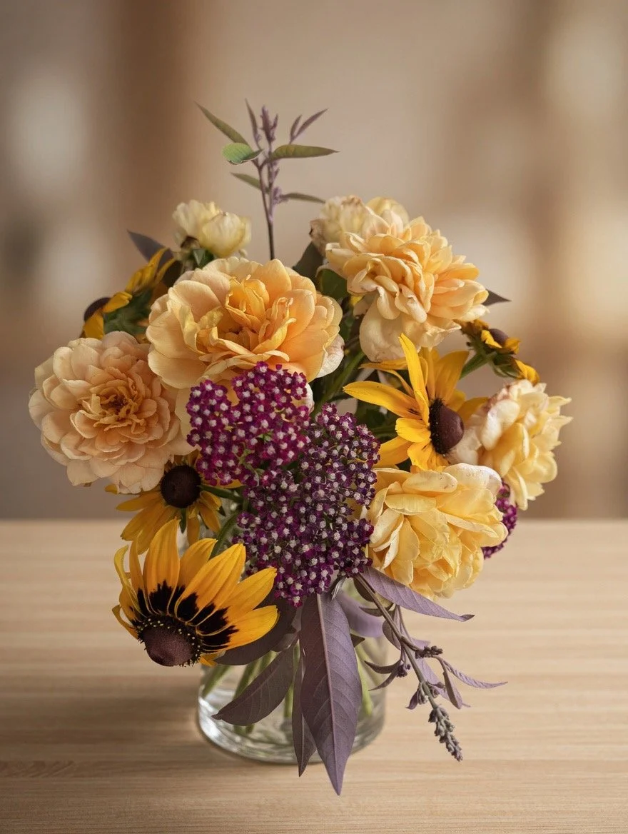 warm autumn inspired cut flower arrangement with peachy yellow david austin roses, rudbeckia, black eyed susans, purple yarrow, and flip chaste vitex foliage in a glass vase