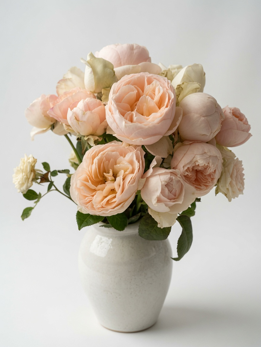 Peach and Cream Garden Rose Bouquet in White Vase | Fresh Cut Flowers