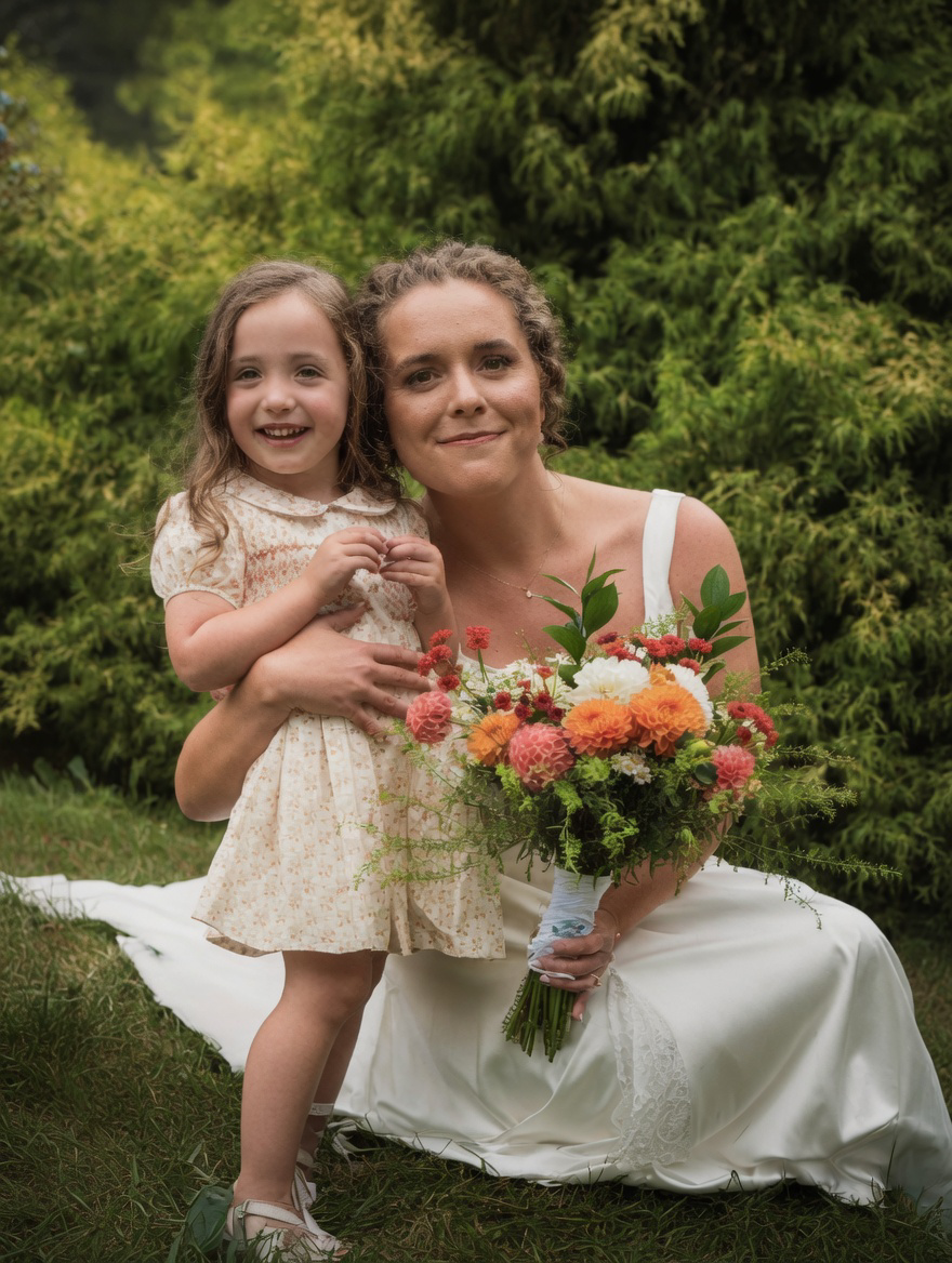 joyful wedding portrait of a bride in a white dress holding a vibrant orange and coral dahlia bouquet, smiling with a young child in a sunny outdoor setting