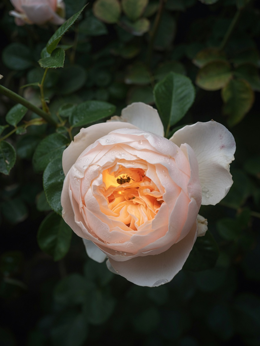 Peach Garden Rose at Night with Insect Visitor | Dramatic Floral Close-Up