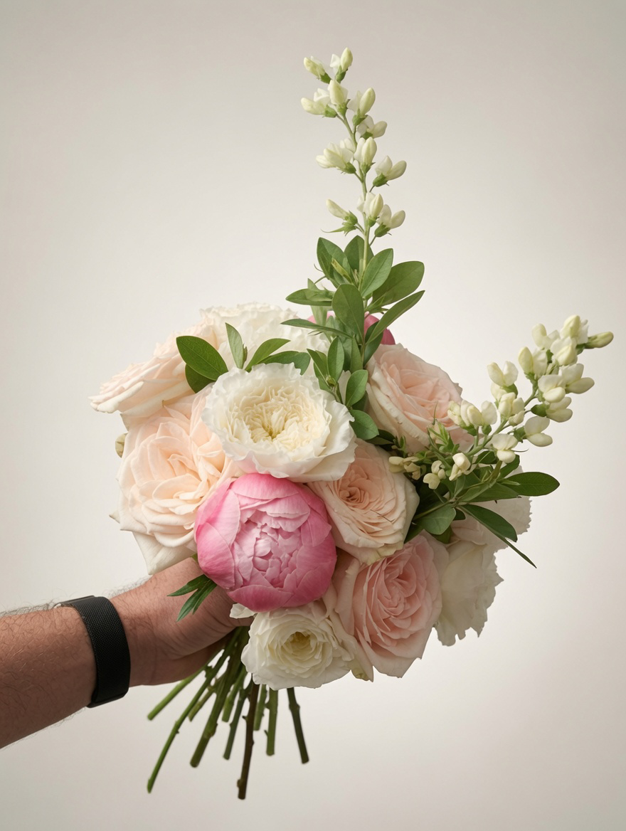 Romantic mixed cut flower bouquet featuring blush and white roses, a vibrant pink peony, and delicate white baptisia in a natural garden style