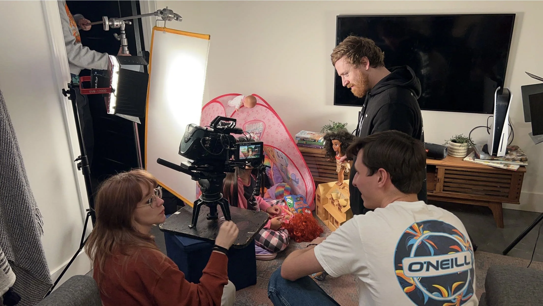 Behind the scenes of the film "Watate" by Aidan Kolokithas in which he collaborates with his cinematographer, Tiff Hobson, on the next shot.