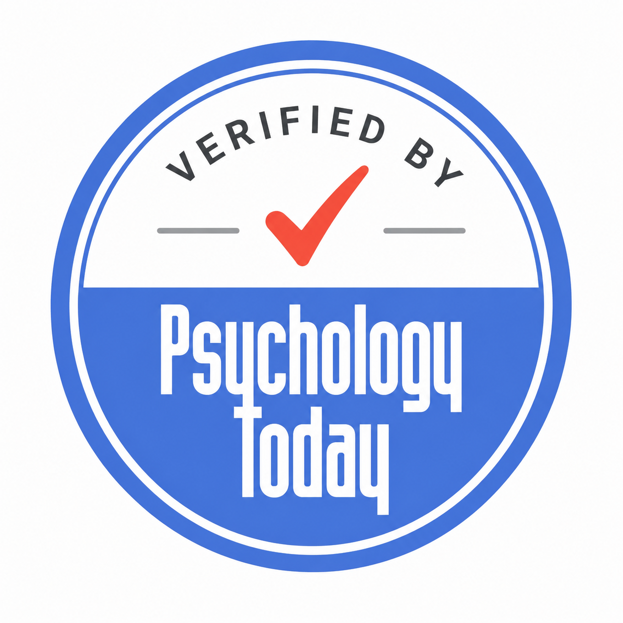 A circular badge with a blue border, a checkmark at the top, and the text "Verified By Psychology Today" in the center.