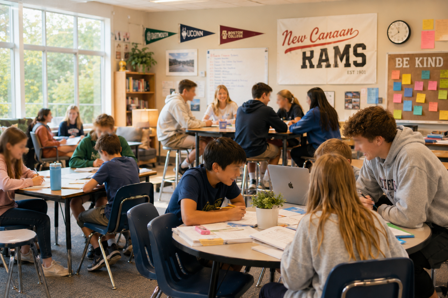 Students working and talking together in a classroom with large windows, school banners, and educational posters on the walls.