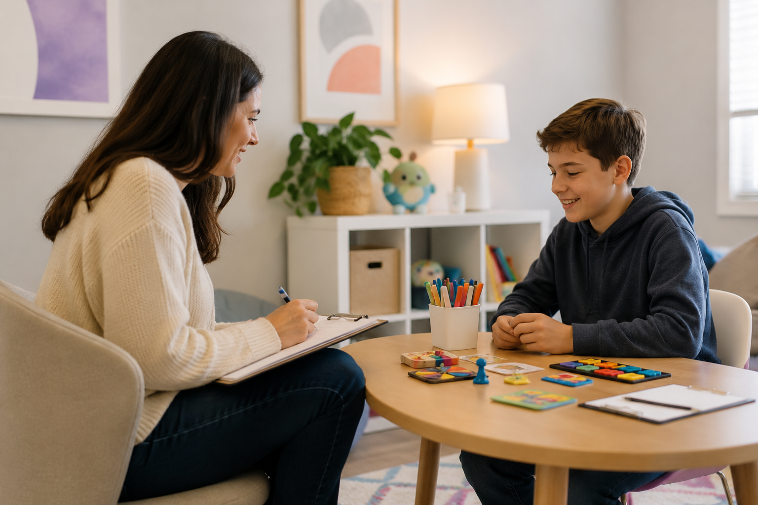 A woman and a boy sitting at a round table playing a card game. The woman is writing on a clipboard, and the boy is smiling. The table has board game pieces and colored pencils, and there is a white shelf with books and toys in the background.