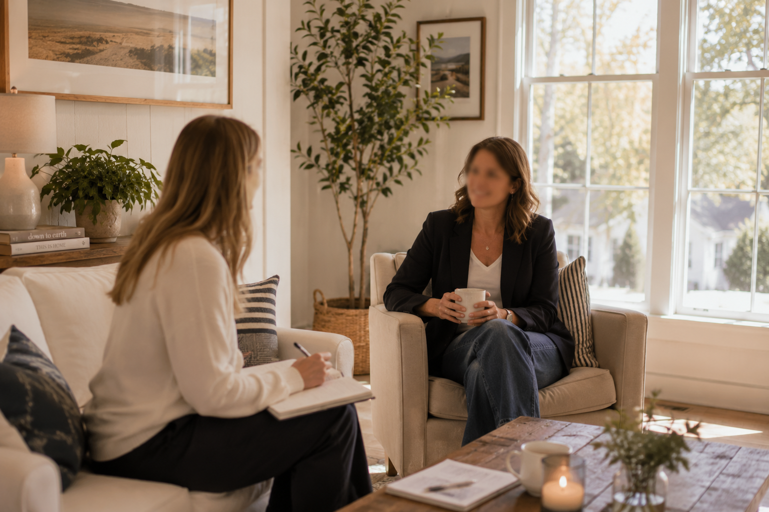 Two women having a conversation in a cozy, sunlit living room. One is taking notes, while the other holds a cup of coffee and speaks.