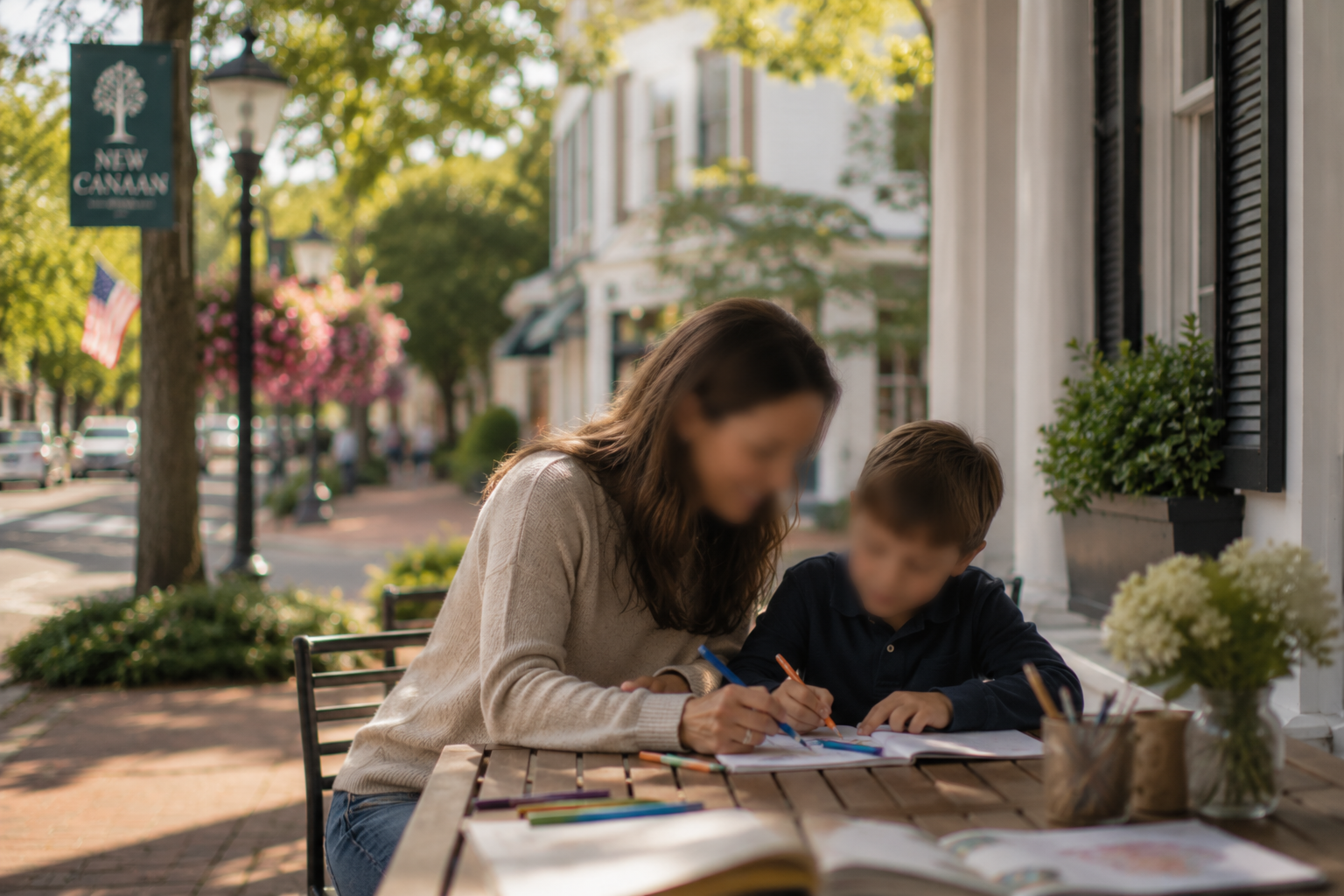 A woman and a young boy sitting at an outdoor table on a sidewalk, working on some papers or coloring books with colored pencils, surrounded by flowers and greenery.