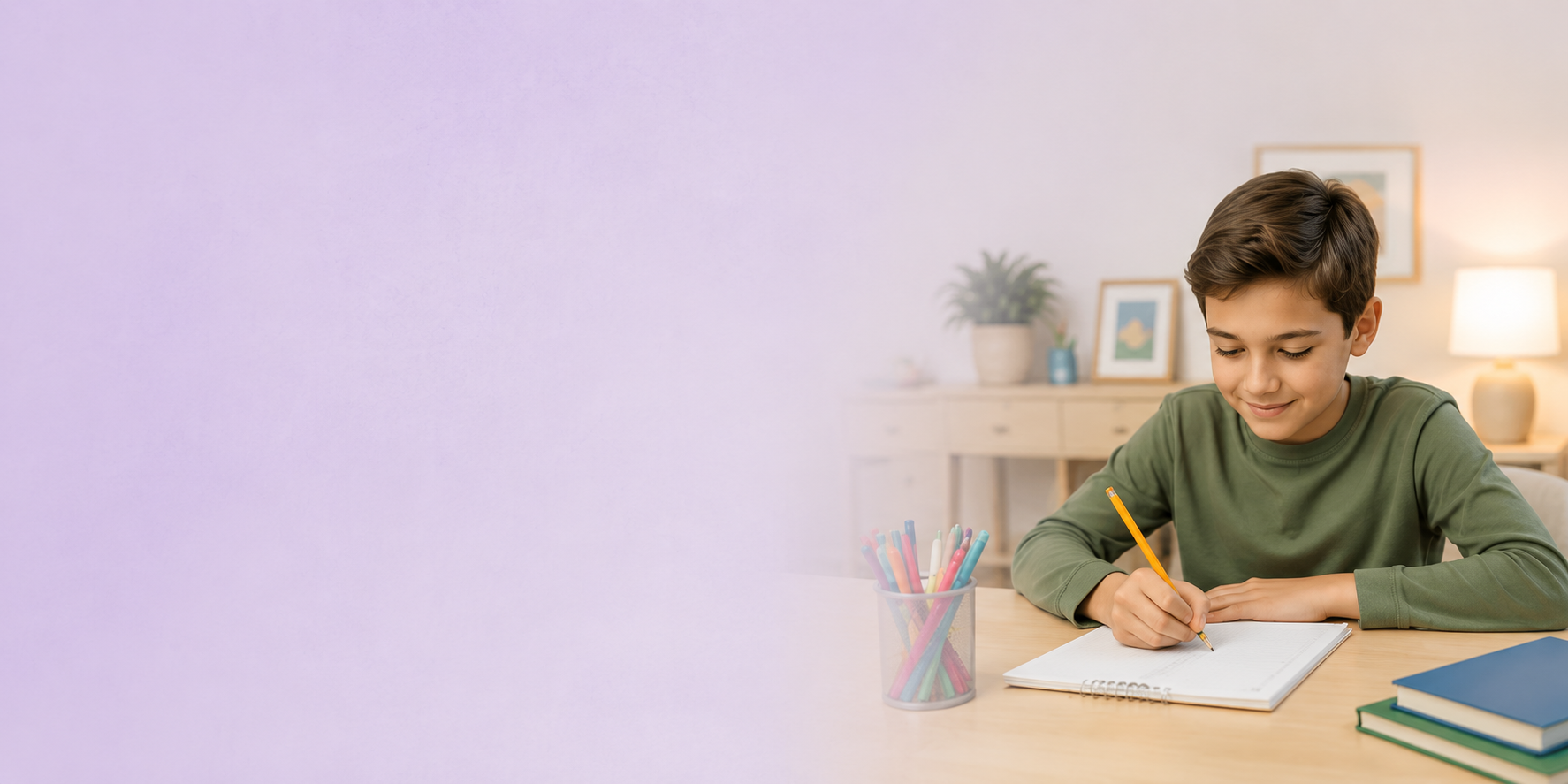A boy with brown hair wearing a green long sleeve shirt sitting at a desk writing in a notebook with a yellow pencil, with a container of colored pencils and stacked books in the foreground, and a cozy room with a lamp, framed pictures, and potted plant in the background.