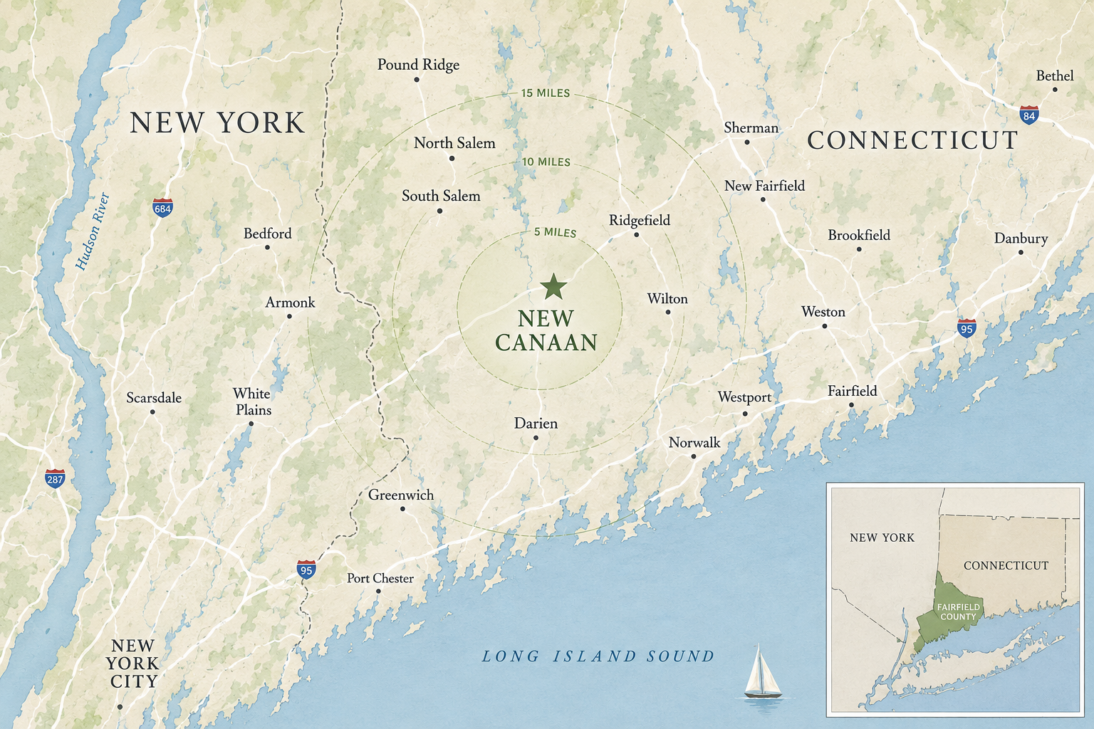 Map of Long Island, New York, highlighting Fairfield County, Connecticut, with a focus on New Canaan, and showing surrounding towns and bodies of water.