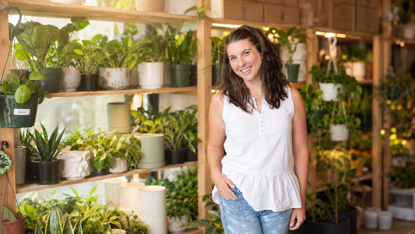 Prenatal and postpartum nutritionist Jordan smiling in a greenhouse