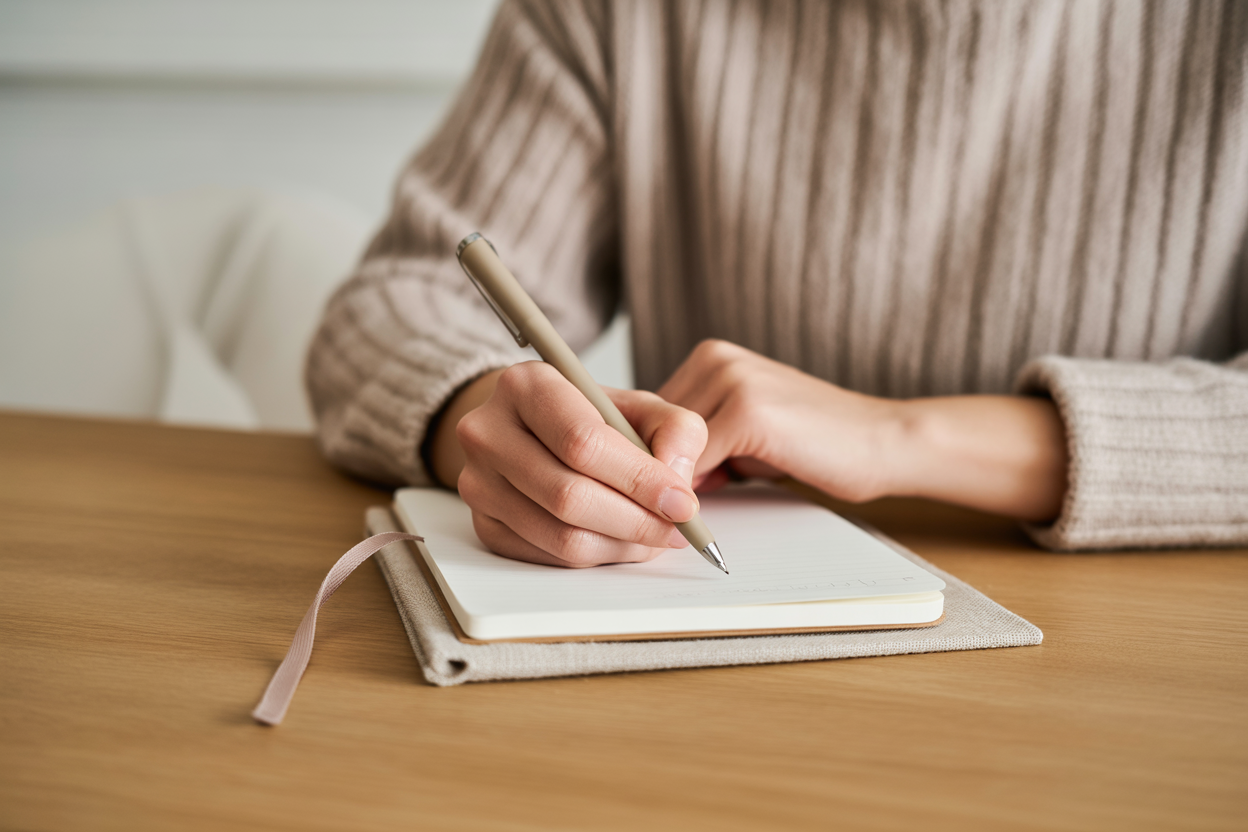 Writing nutrition and wellness goals in a notebook